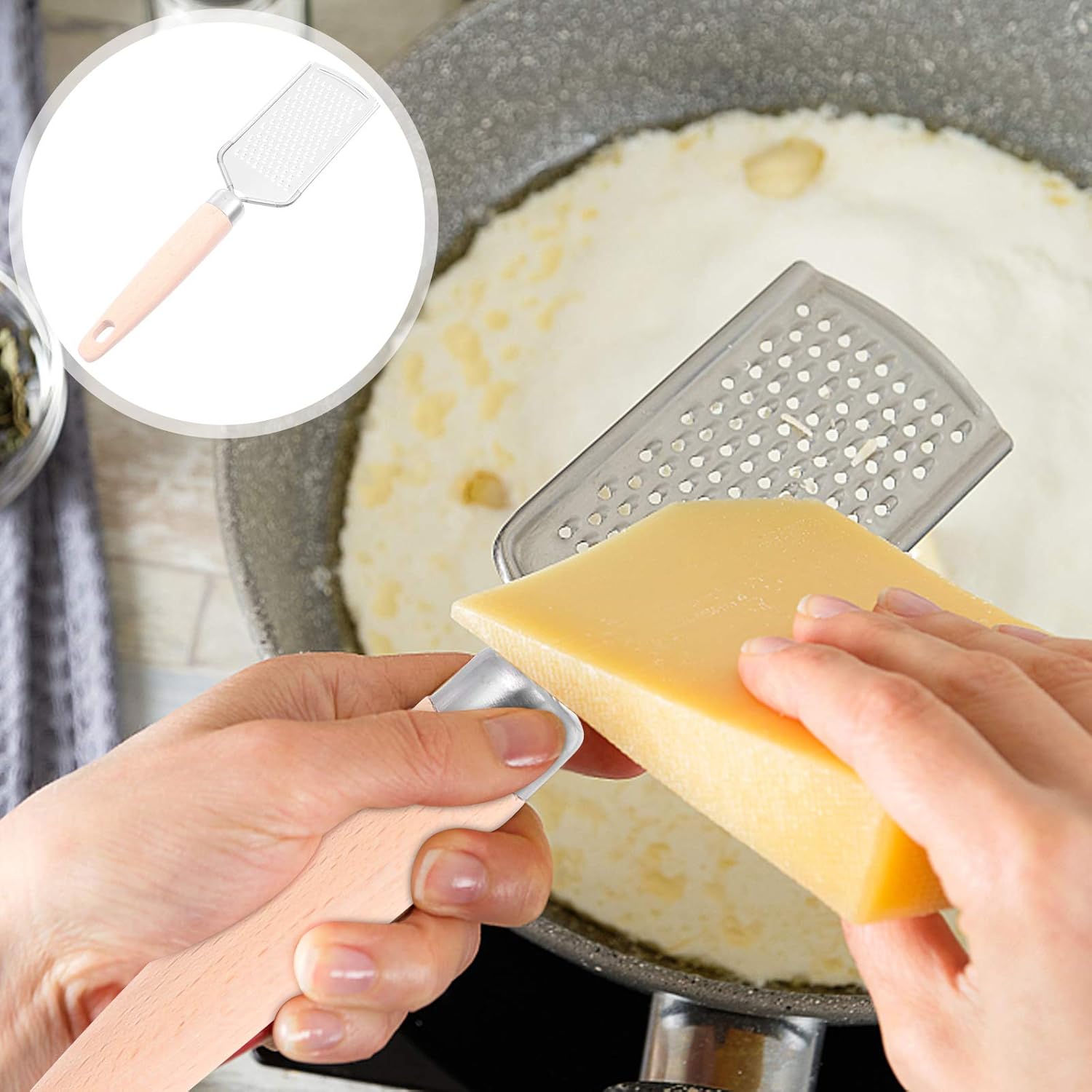 BESPORTBLE Rallador de queso de mano, rallador de queso, rallador de limón, rallador de acero inoxidable con mango de madera, rallador para queso,