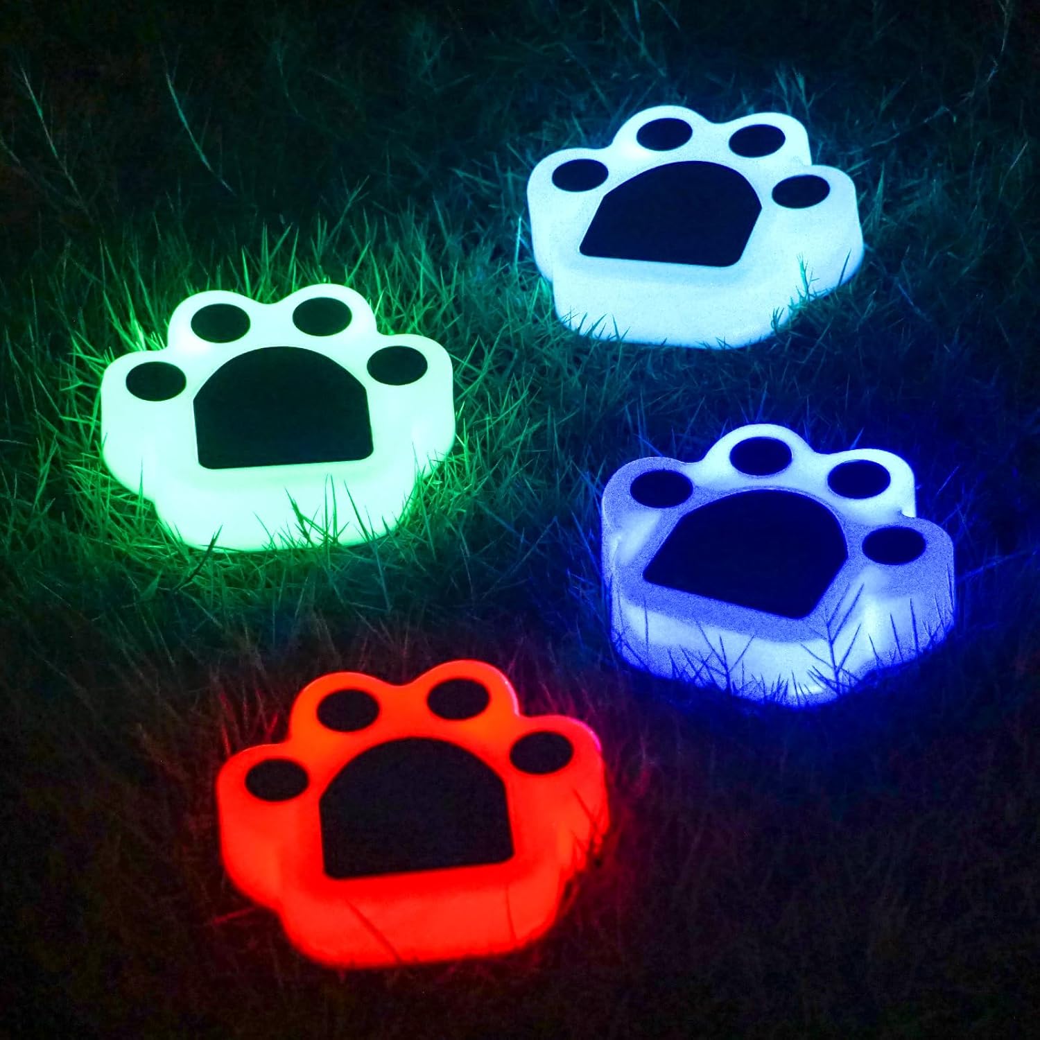 CreekFrog Paquete de 4 luces solares con estampado de patas, luz solar para jardín, impermeable, gato, perro, animal, camino, luces LED para el