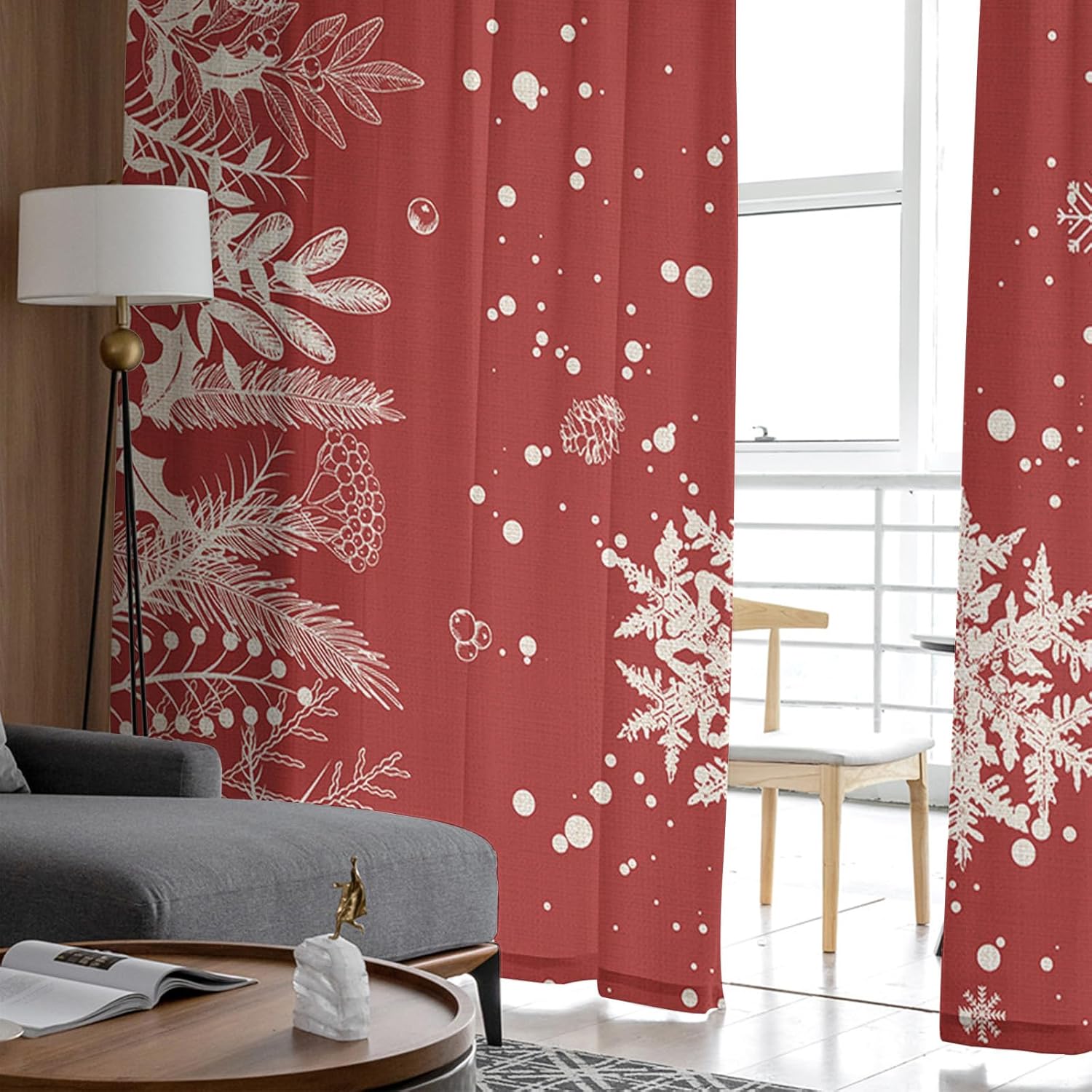 Snowflake Sheer Curtains 84 Inch Length 2 Panels Set for Living RoomBedroom, Winter Christmas Pine Tree Leaves Watercolor Semi Curtain Sheers Drapes
