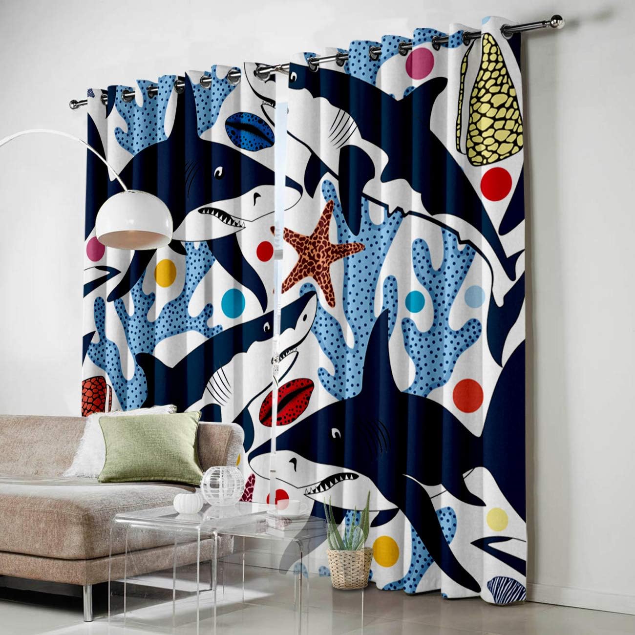 FortuneHouse Blackout Curtains Thermal Insulated Cartoon Sea Animal Blue Shark Solid Pattern Metal Grommet Elegant Room Drapes Window Curtain for