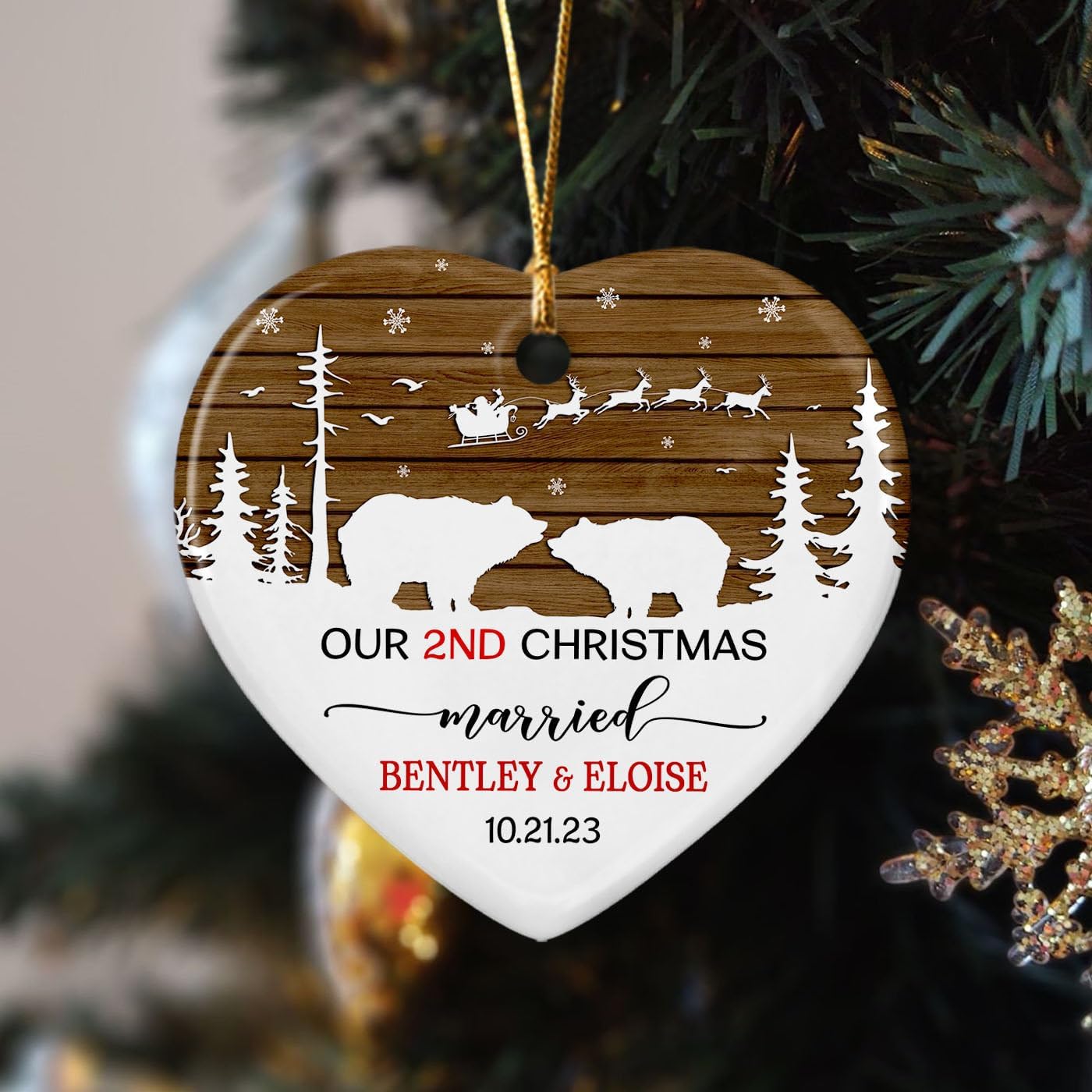Adorno de cerámica para casados de 2 Navidad, Navidad 2023, adorno personalizado de nuestra segunda Navidad para casados, regalo para pareja, oso