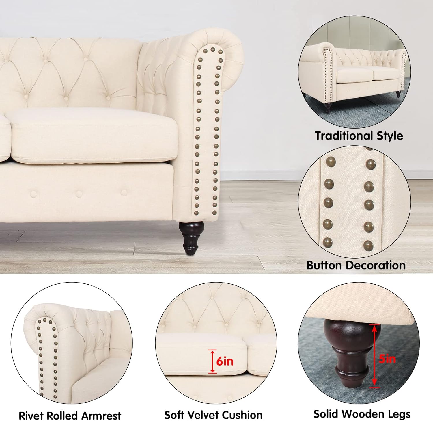 Sofá Chesterfield tradicional de lino con decoración de remaches y patas de madera para sala de estar, color crema