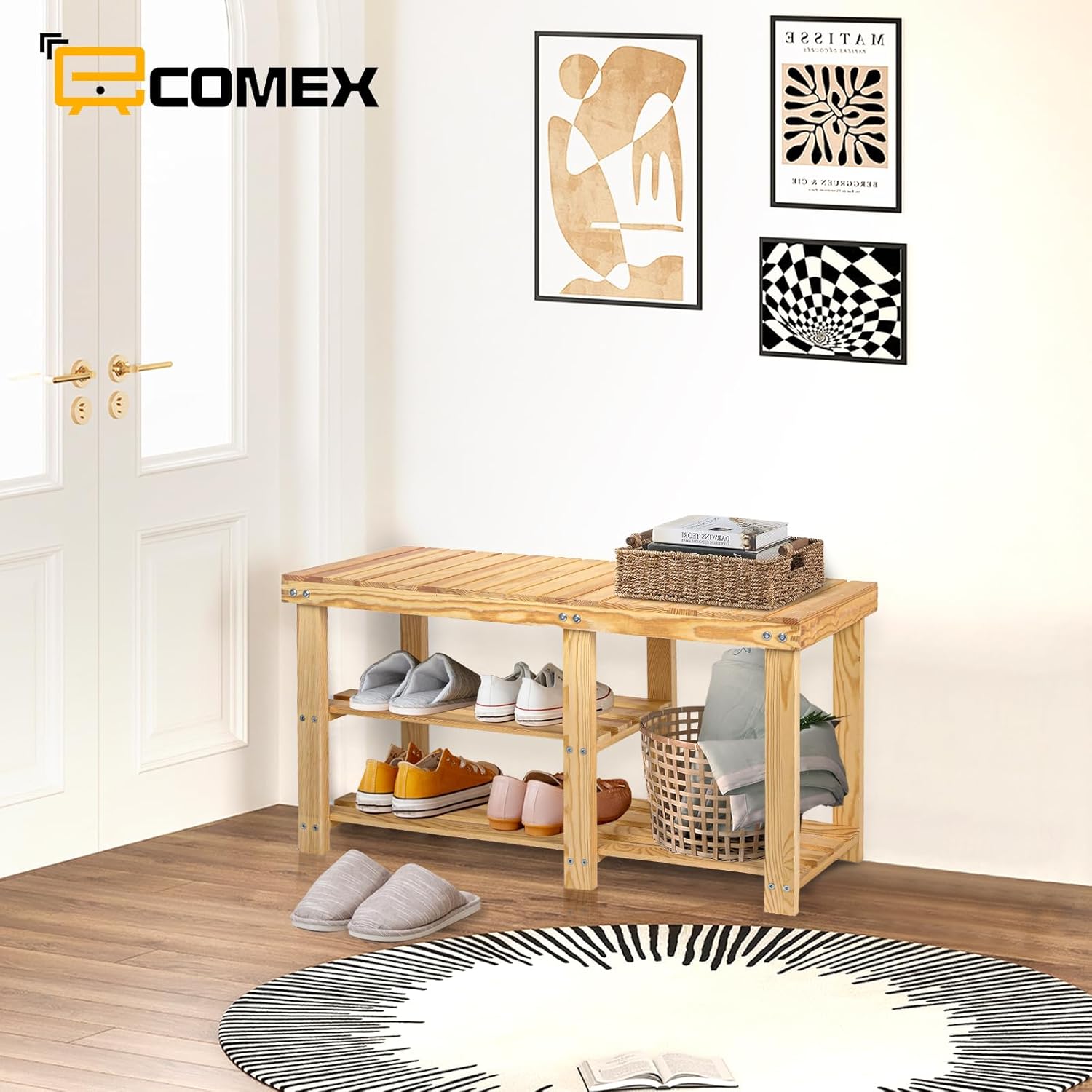 ECOMEX Zapatero para entrada, estante de madera de 3 niveles, organizador de zapatos, banco organizador de zapatos, banco de entrada para