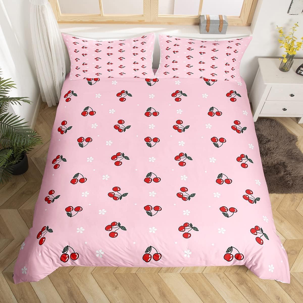 Erosebridal Juego de funda de edredón suave de dibujos animados para niños, tamaño matrimonial, funda de edredón con estampado de cerezas, juego de
