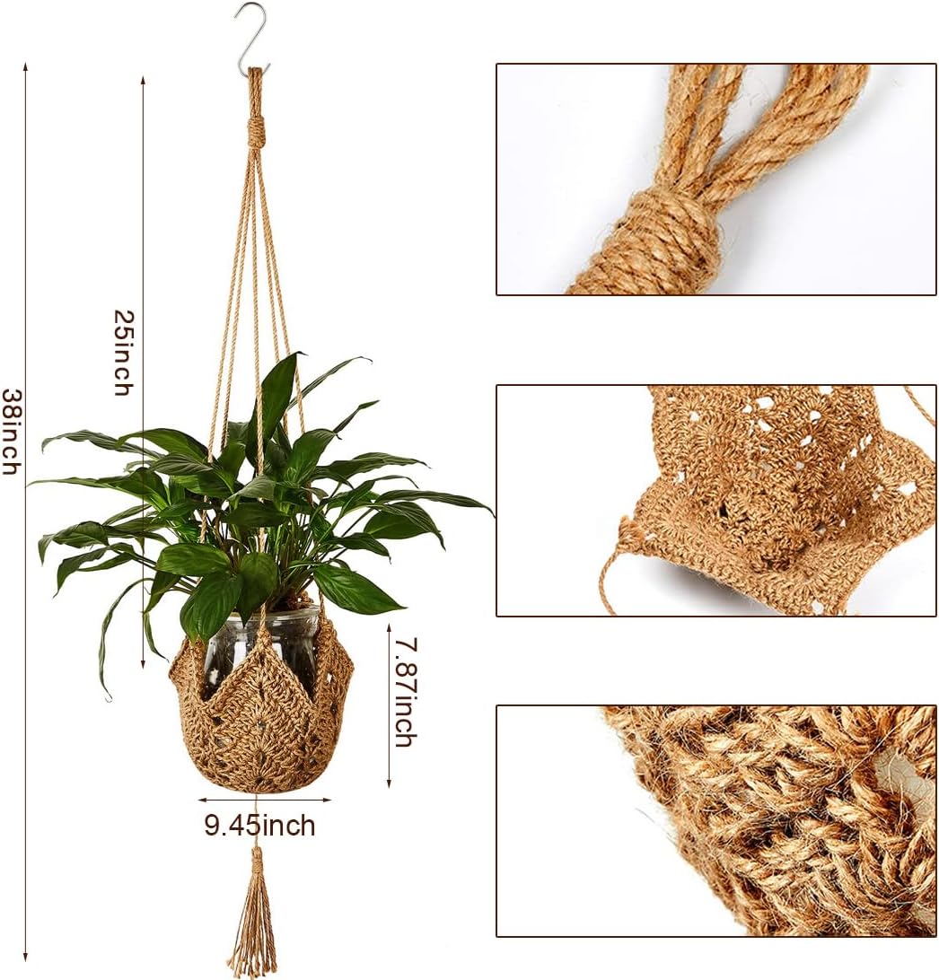 Colgadores de macramé para plantas de yute, ganchillo, para interiores, con 2 ganchos, cesta para colgar macetas, soporte para macetas para