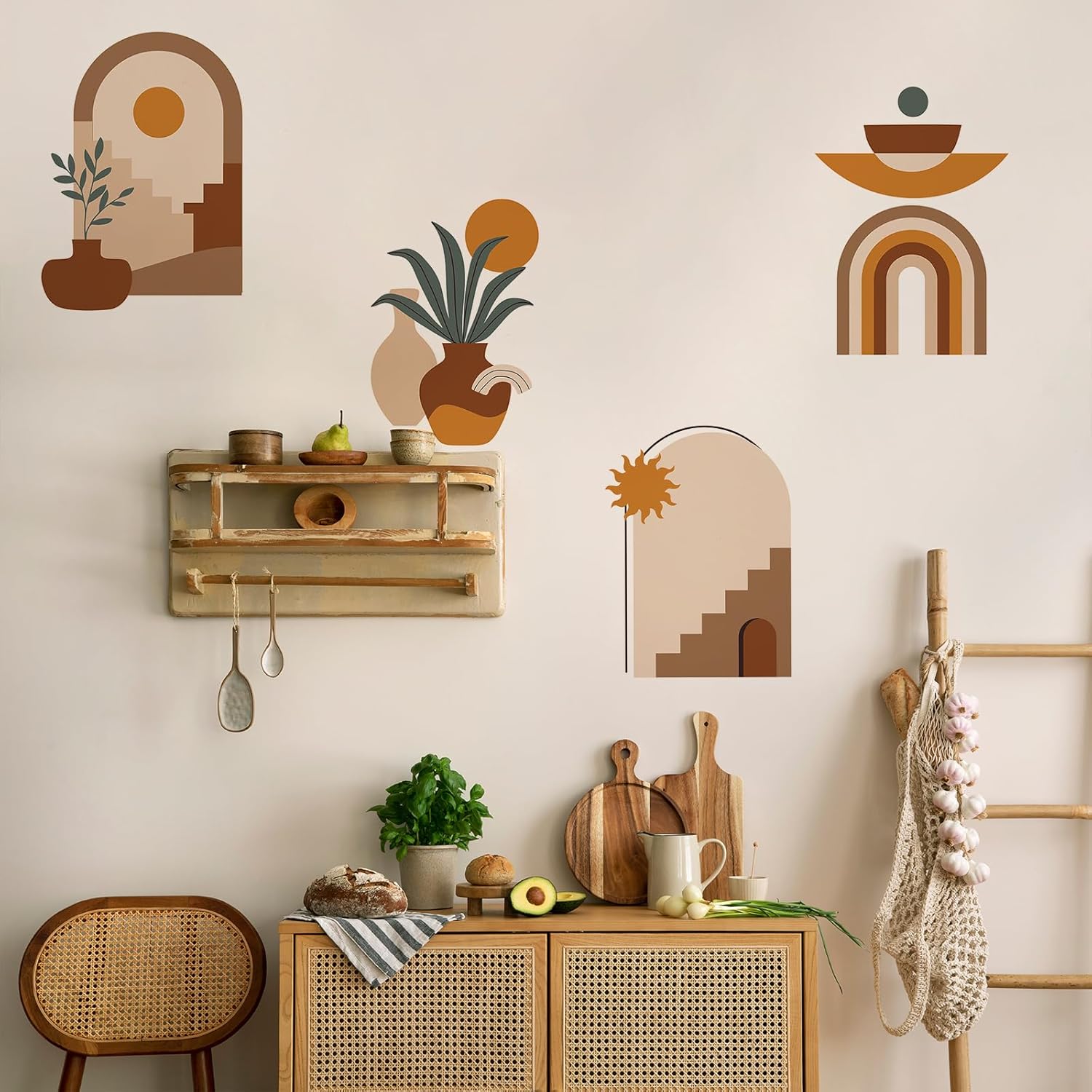 3 calcomanías de pared con arco bohemio, estilo bohemio, arte de pared para sala de estar y dormitorio, calcomanías de sol y luna y montaña (estilo