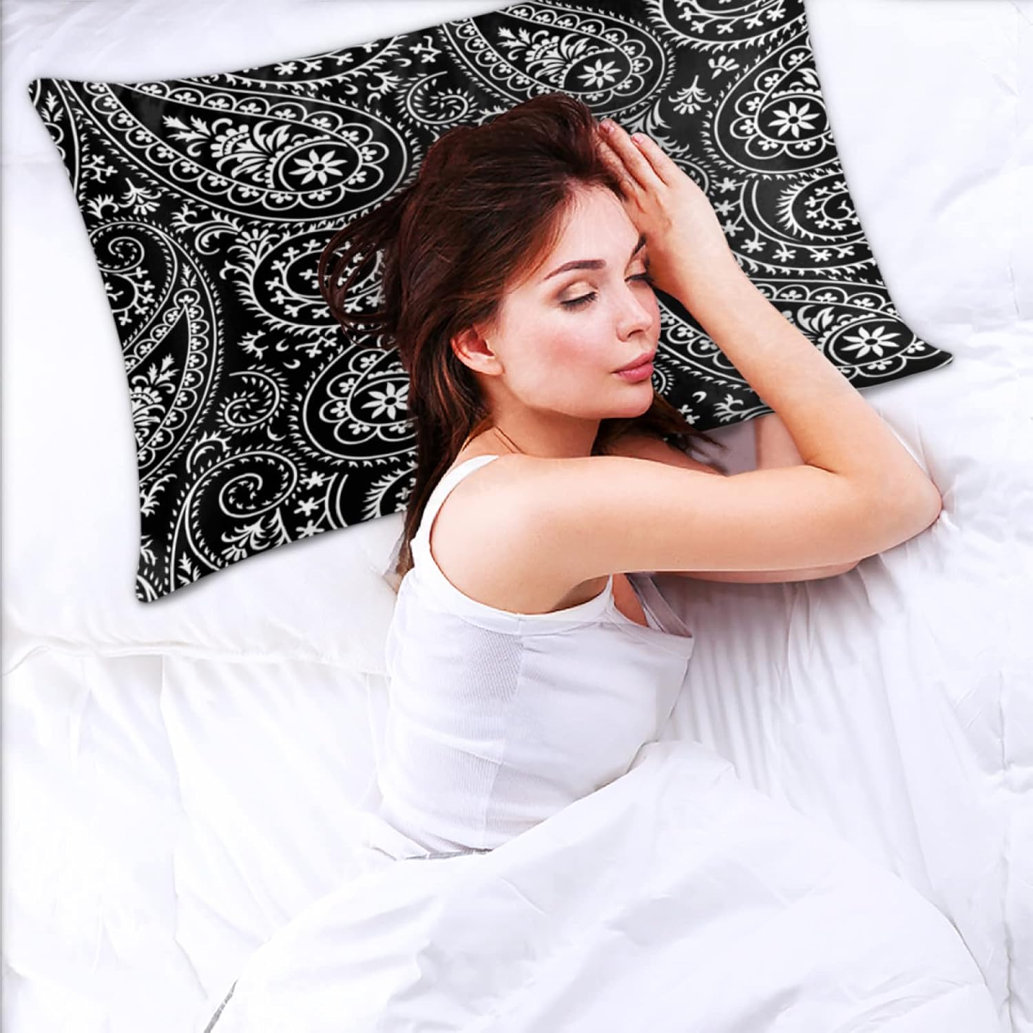 Juego de 2 fundas de almohada de satén retro boho con estampado de cachemira para cabello y piel, juego estándar de 2 fundas de almohada de flores