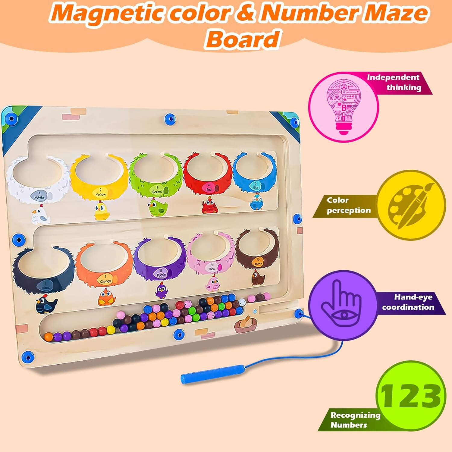 Btolin Laberinto magnético de color y número, rompecabezas de madera magnético, juguetes Montessori para niños pequeños, divertido juego de