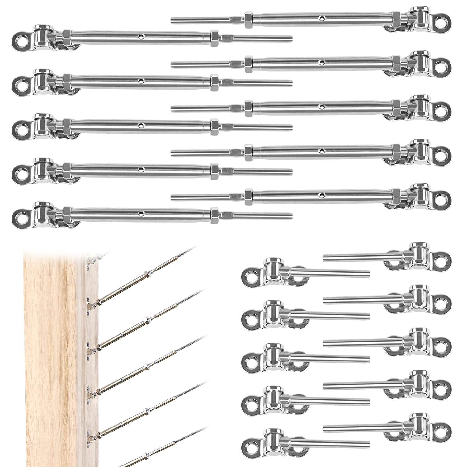 Muzata Kit de barandillas de cable de 18 pulgadas, accesorios de tensor de palanca de ajuste de acero inoxidable T316 para poste de madera, ángulo