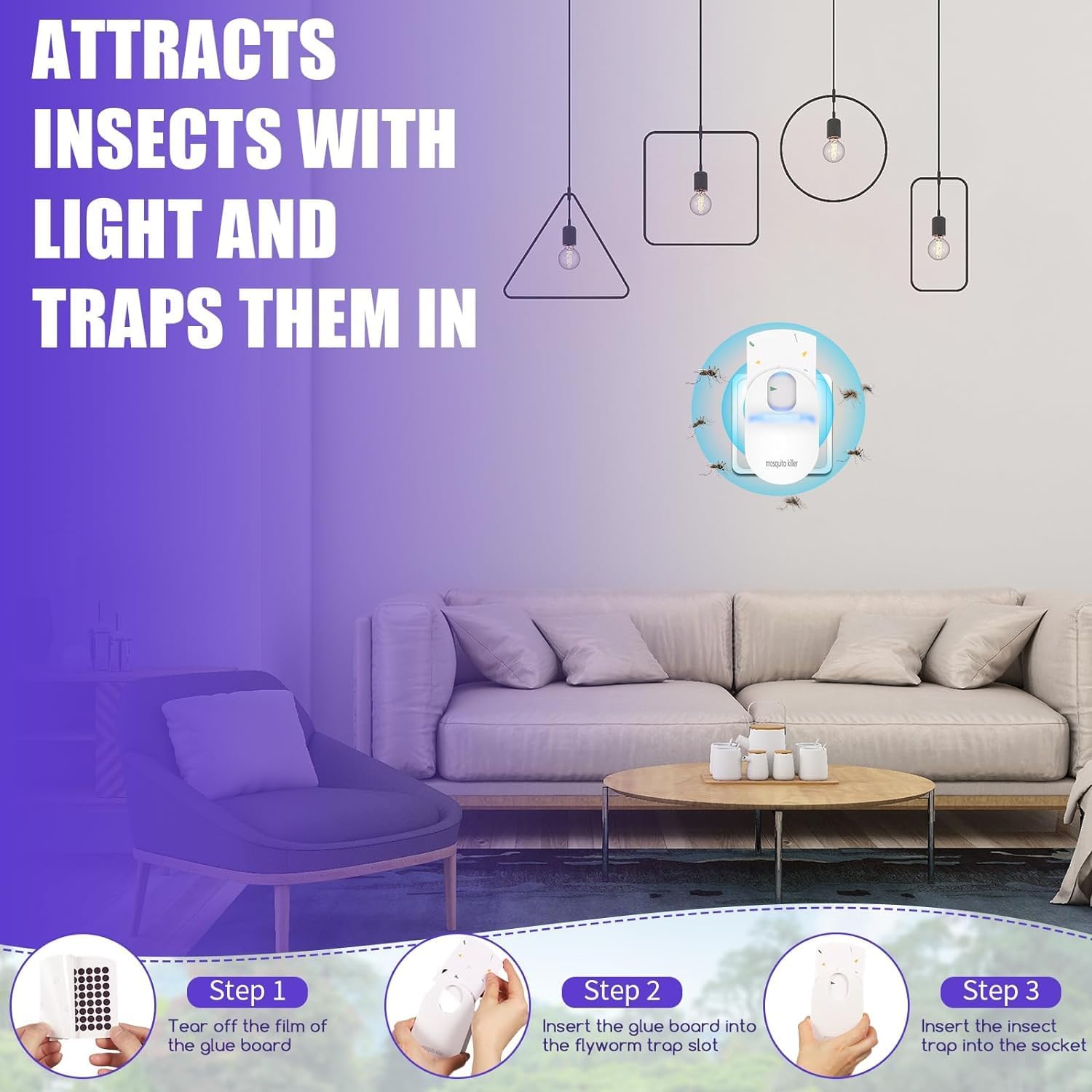Trampa para insectos voladores, trampa para mosquitos enchufables para casa interior 2023, atrapa insectos con luz nocturna UV con 5 tablas de