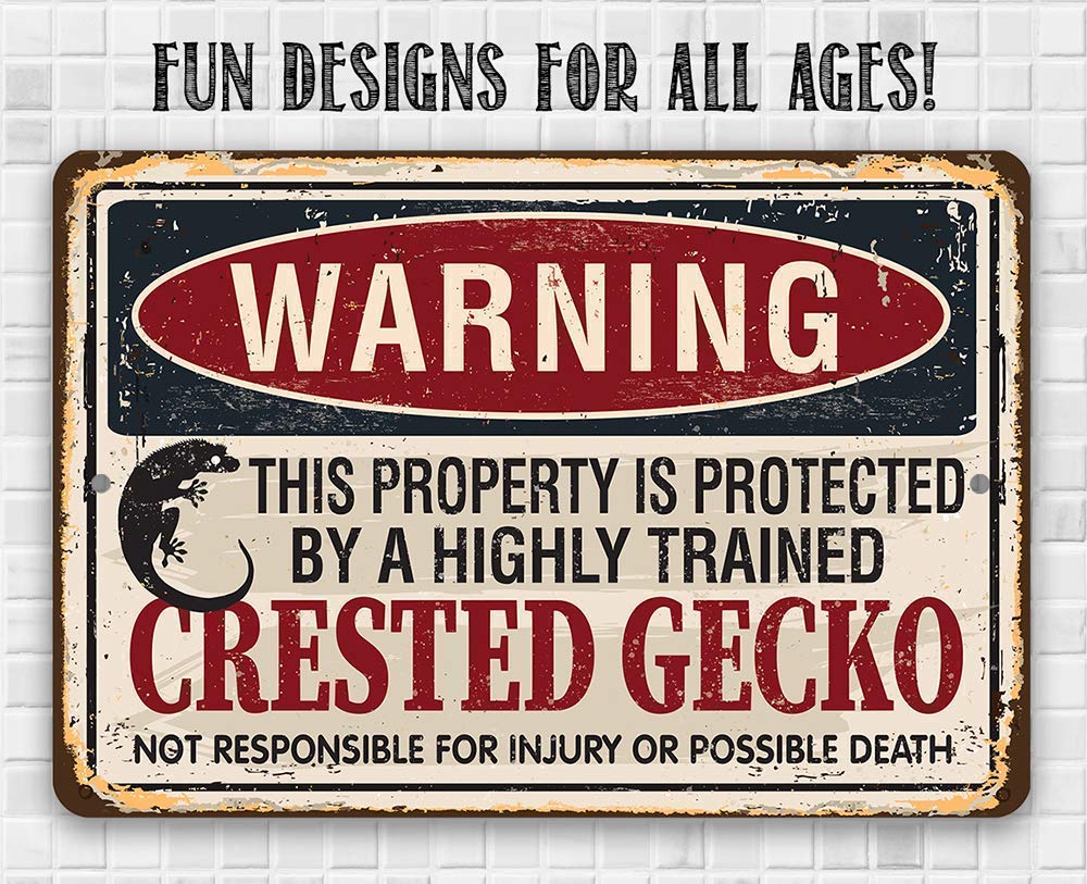 Metal Sign – Warning Property Protected By Crested Gecko – Durable Metal Sign – Use IndoorOutdoor – Front Door and Bedroom Door Decor or Gift for
