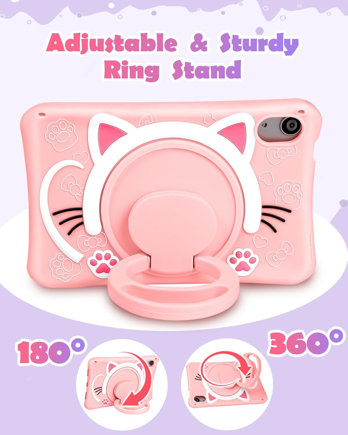 Funda para iPad Mini 6 de 8.3 pulgadas para niñas, diseño de gato kawaii, diseño de caricaturas 3D, con asa giratoria y correa de silicona suave