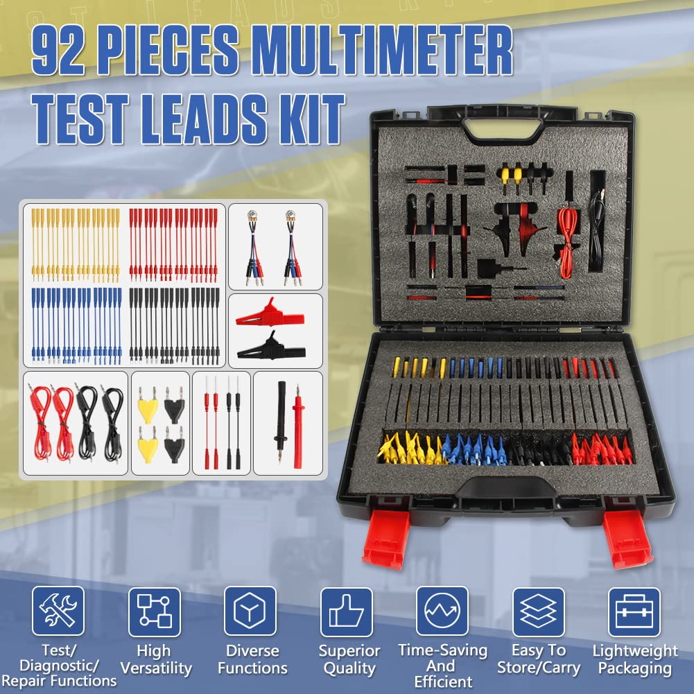 DUOYI Kit de cables de prueba de multímetro automotriz, 92 piezas, kit de cables de prueba de circuito automotriz multifunción con pinzas de