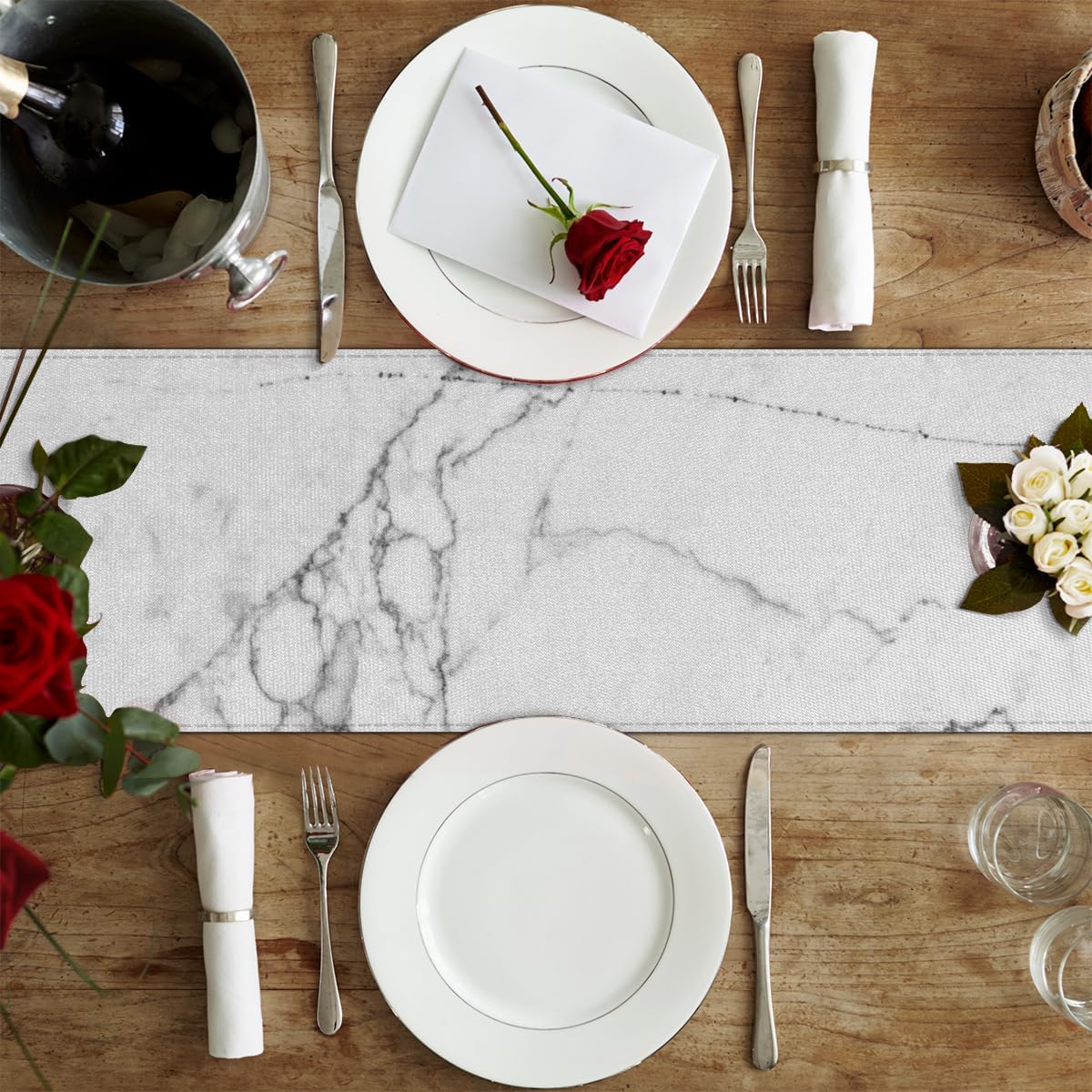 Camino de mesa de mármol blanco, mantel de lino rústico, decoración de mesa de comedor de cocina para decoración de fiesta del hogar, 13 x 48