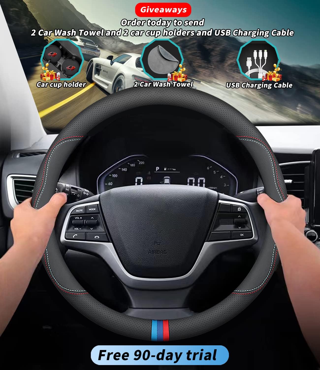 Funda de cuero prémium a la medida para volante de automóvil con el logotipo de la marca transpirable, antideslizante, diseñada para accesorios