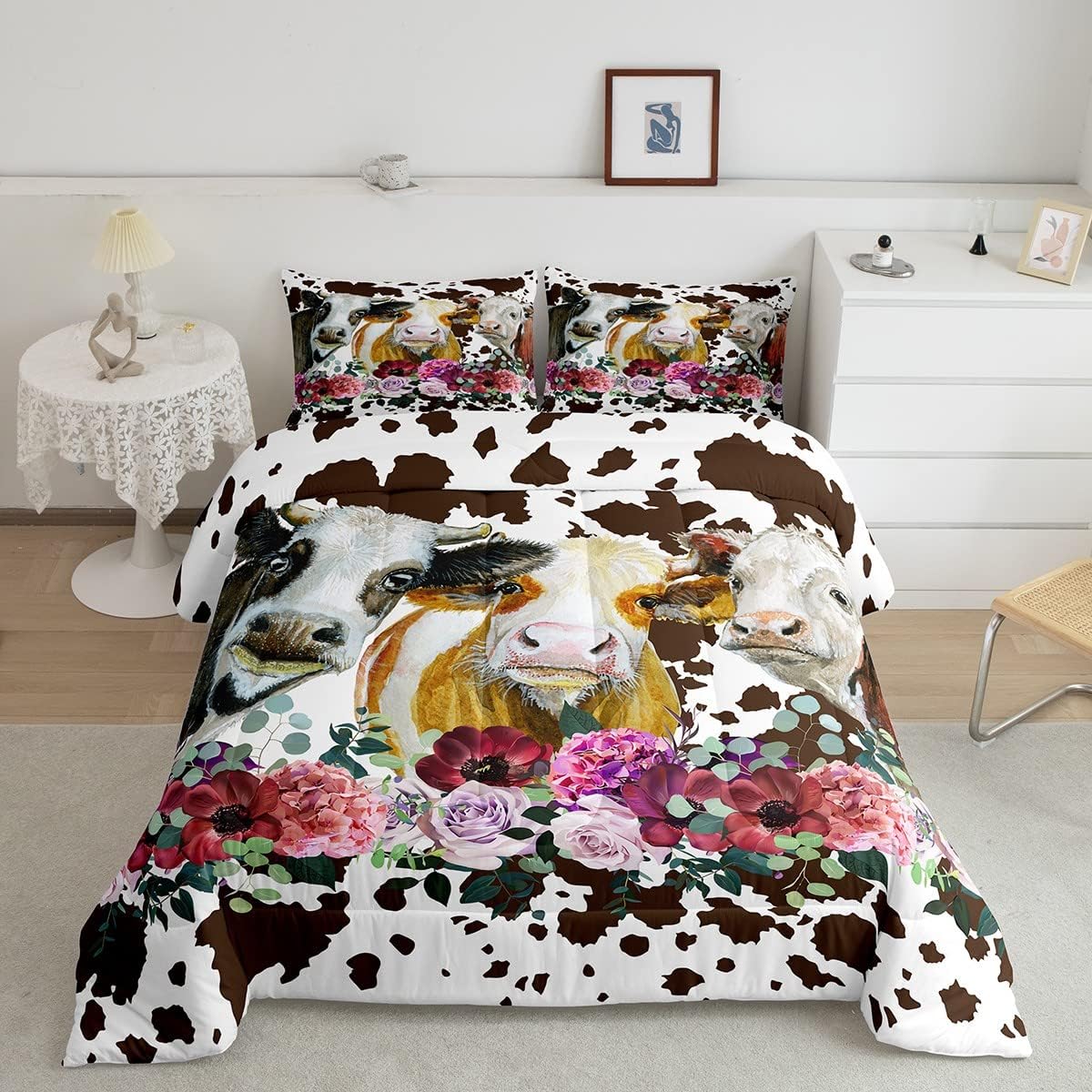 Juego de ropa de cama con estampado de vaca, tamaño Queen, juego de edredón de vaca de las tierras altas para niños, niñas y adolescentes, edredón