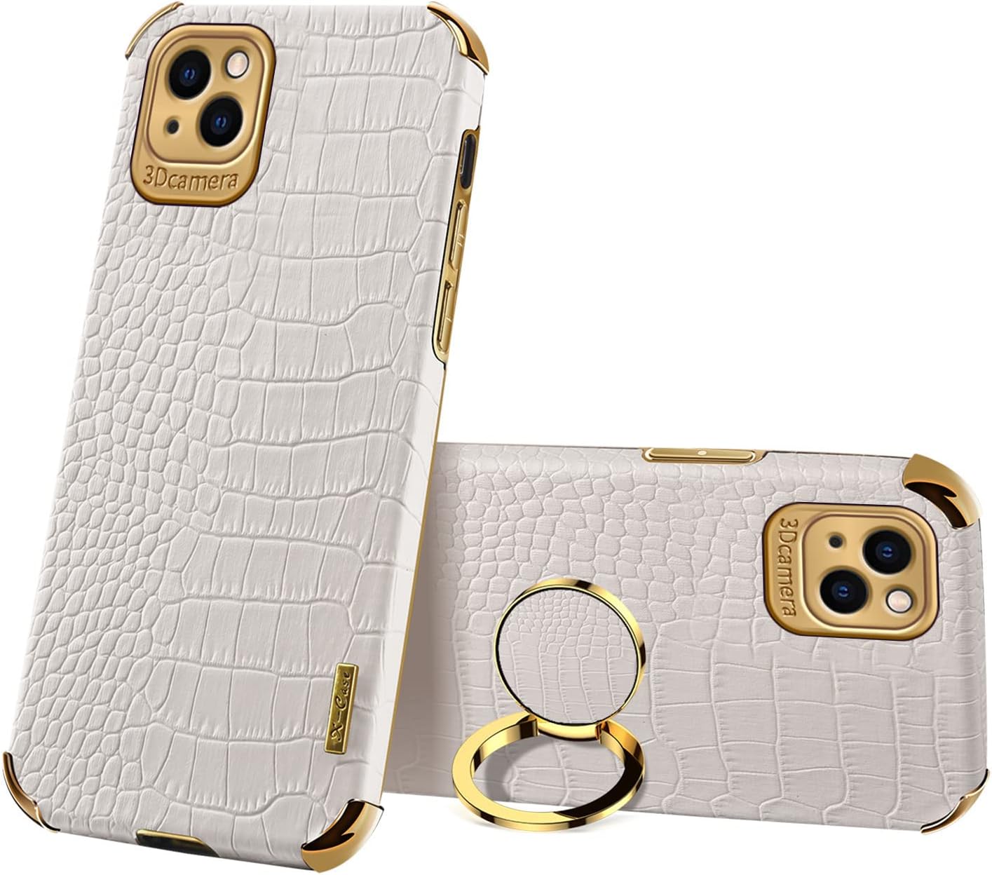 aowner Funda para iPhone 15 con soporte de anillo de 360 , funda de cuero con patrón de cocodrilo de lujo, parachoques dorado, a prueba de golpes,