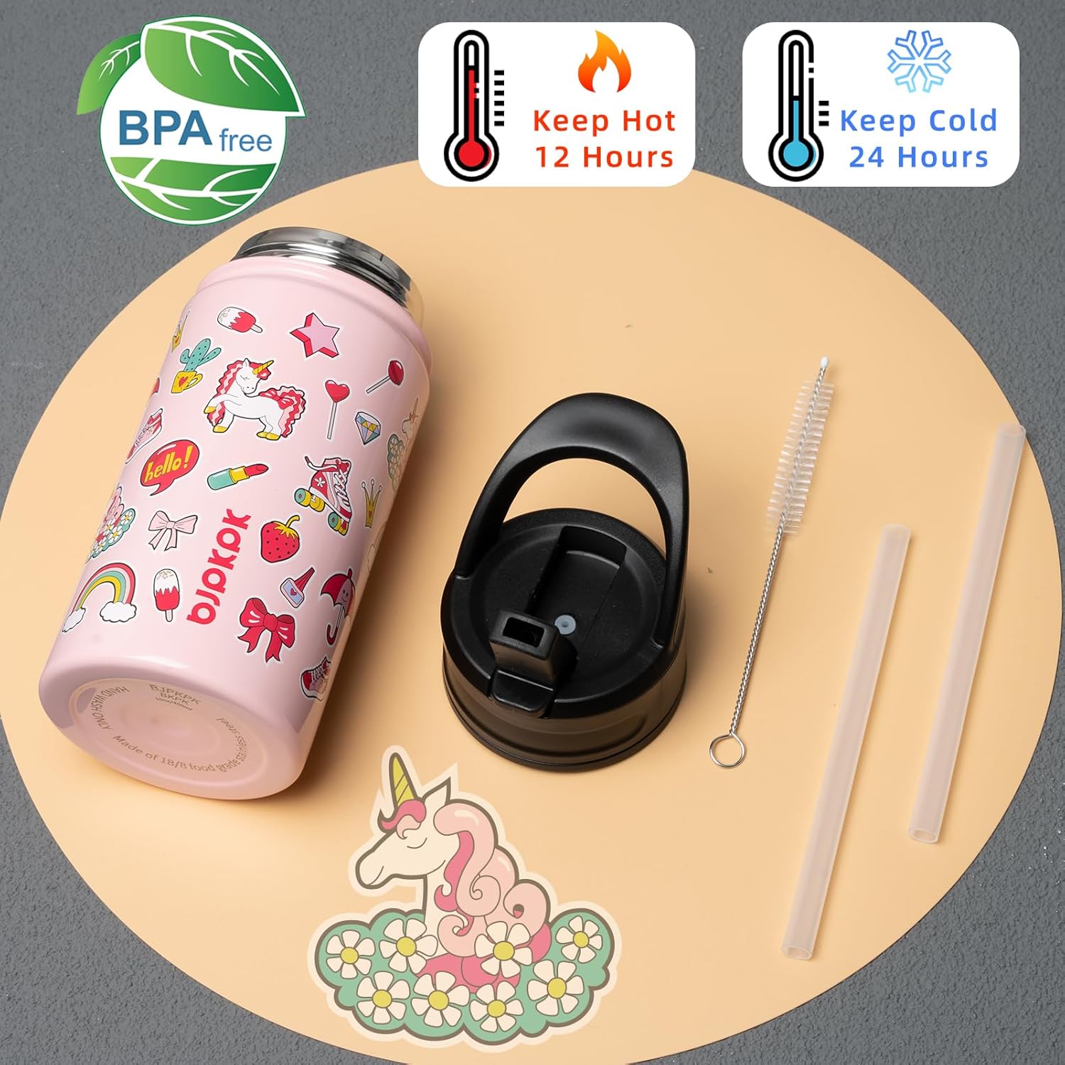 BJPKPK Botella de agua aislada con tapa con pajilla, botellas de agua de metal de acero inoxidable de 15 onzas, botellas de agua reutilizables a