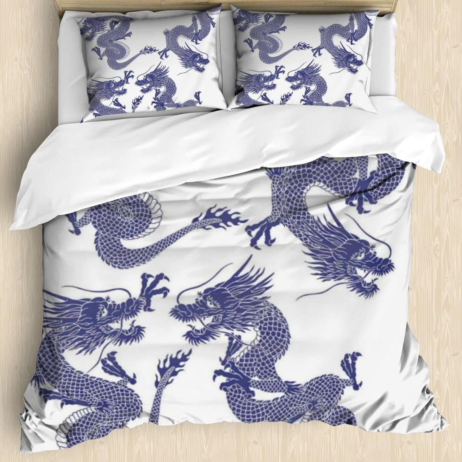 Juego de funda de edredón de 3 piezas con temática de dragón tamaño California King, ropa de cama con estampado de dragones japoneses, funda de