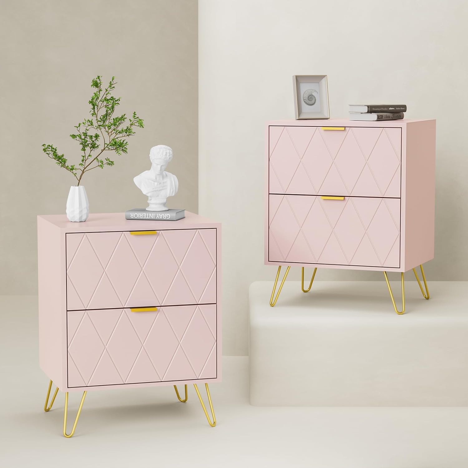 Anbuy – Juego de 2 mesitas de noche grandes, color rosa, mesa auxiliar doble, mesita de noche con 2 cajones, doble mesita de noche con patas doradas