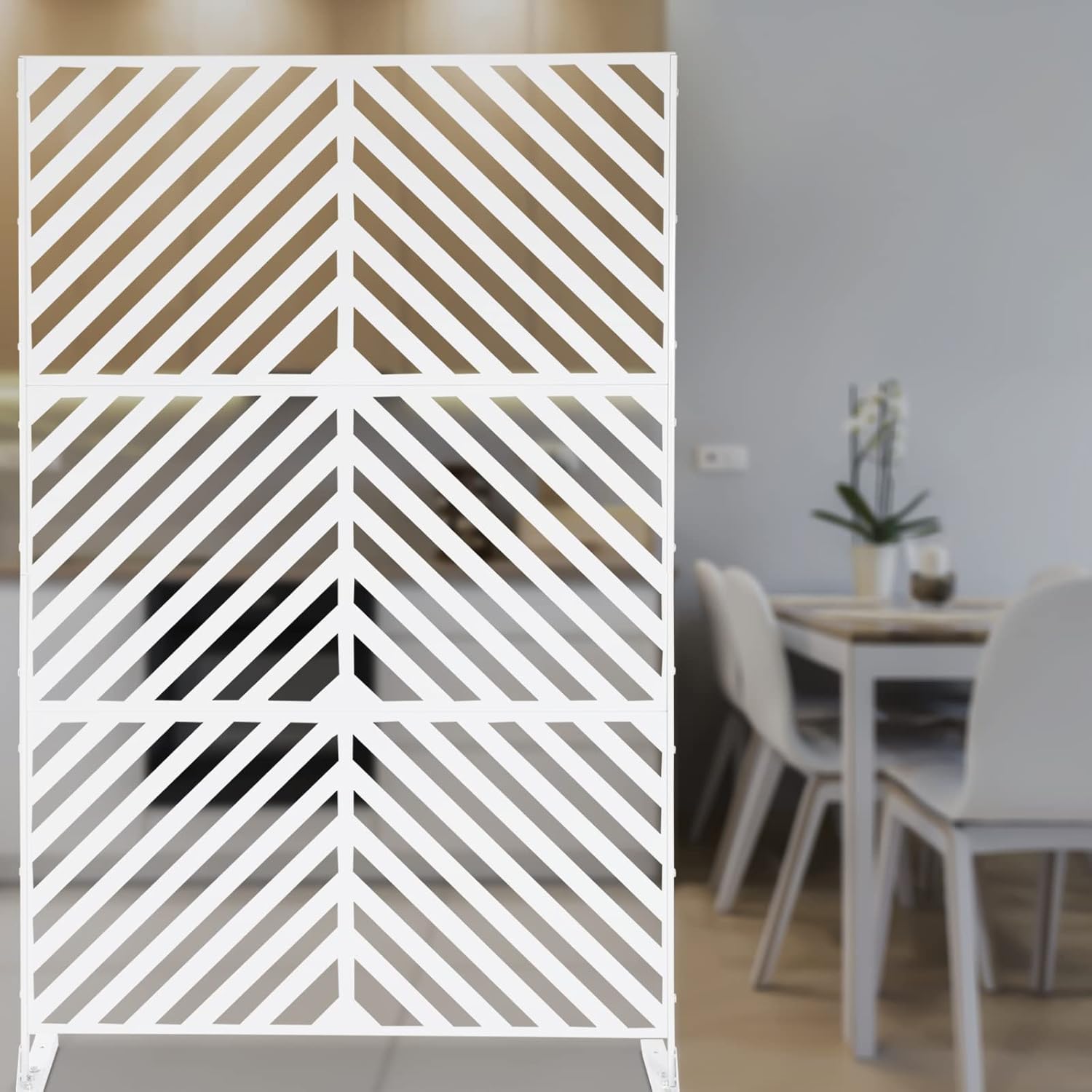 Paneles de pantalla de privacidad para interiores y exteriores, soporte de valla blanca, pantalla de privacidad de metal, decoración a rayas para
