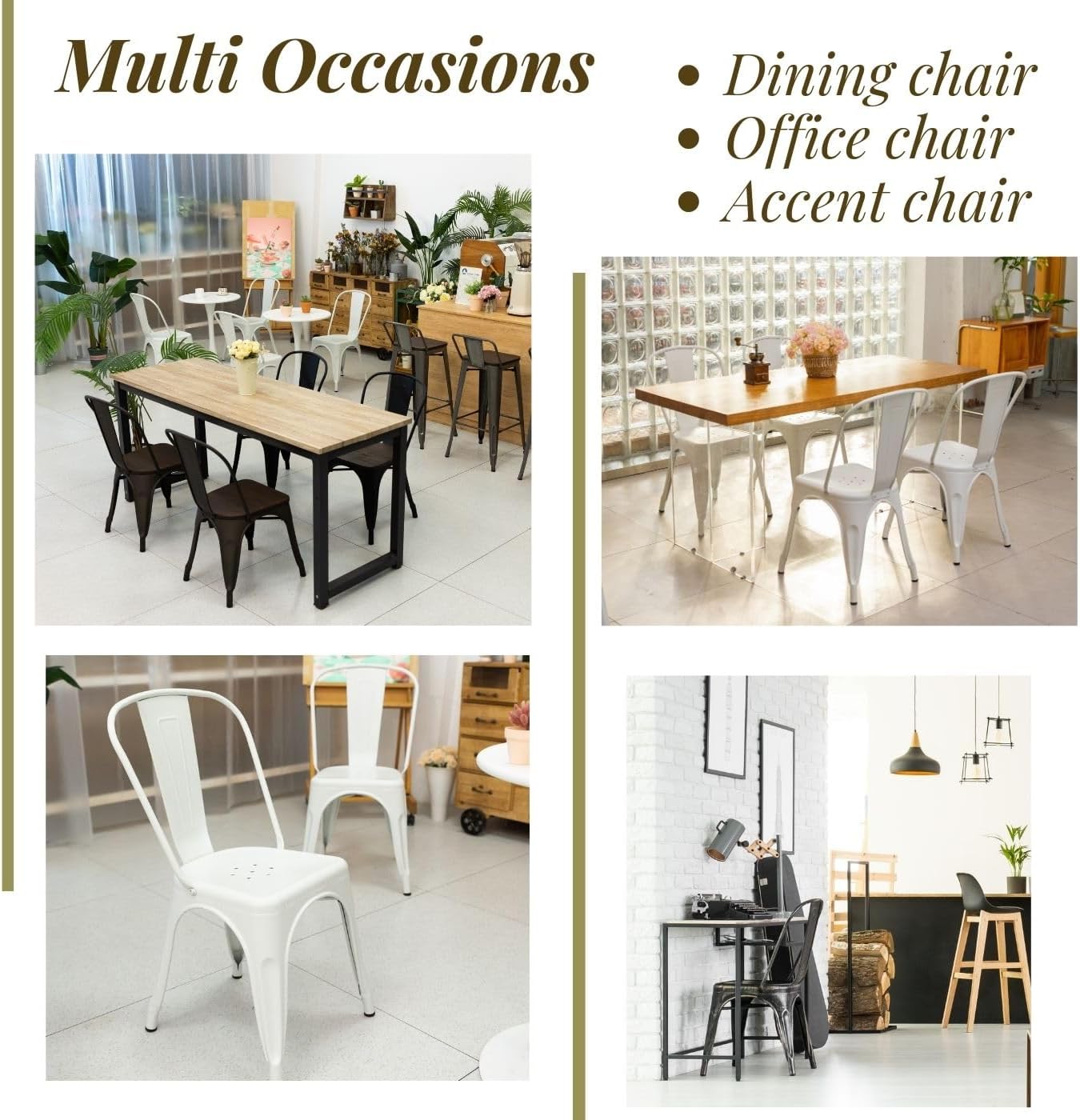 Homy Casa Juego de 2 sillas de comedor de metal, sillas apilables de altura de asiento de 17.3 pulgadas, sillas clásicas de patio, sillas laterales