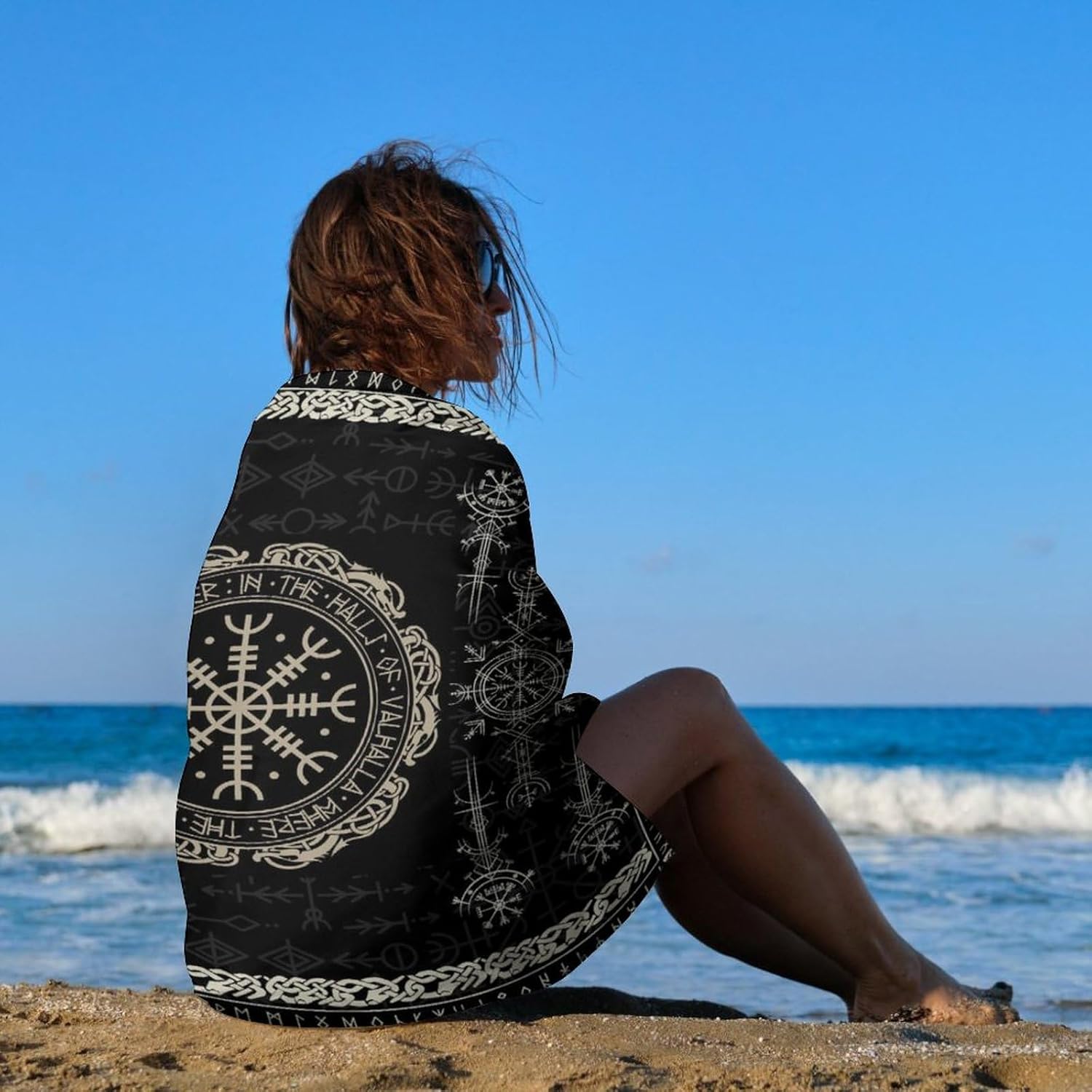 Toallas de piscina con estampado de vikingos nórdicos súper absorbentes, de secado rápido y esponjosas, color negro, brújula mágica retro, brújula