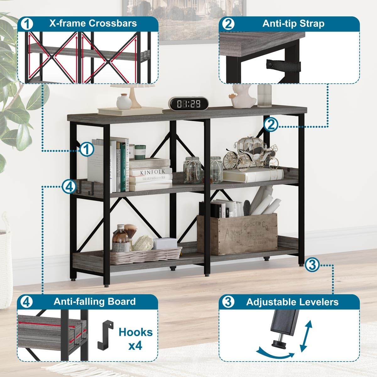 BON AUGURE Mesa consola industrial para sofá detrás del sofá, mesa de entrada de metal de madera con estantes, mesas estrechas de 3 niveles para