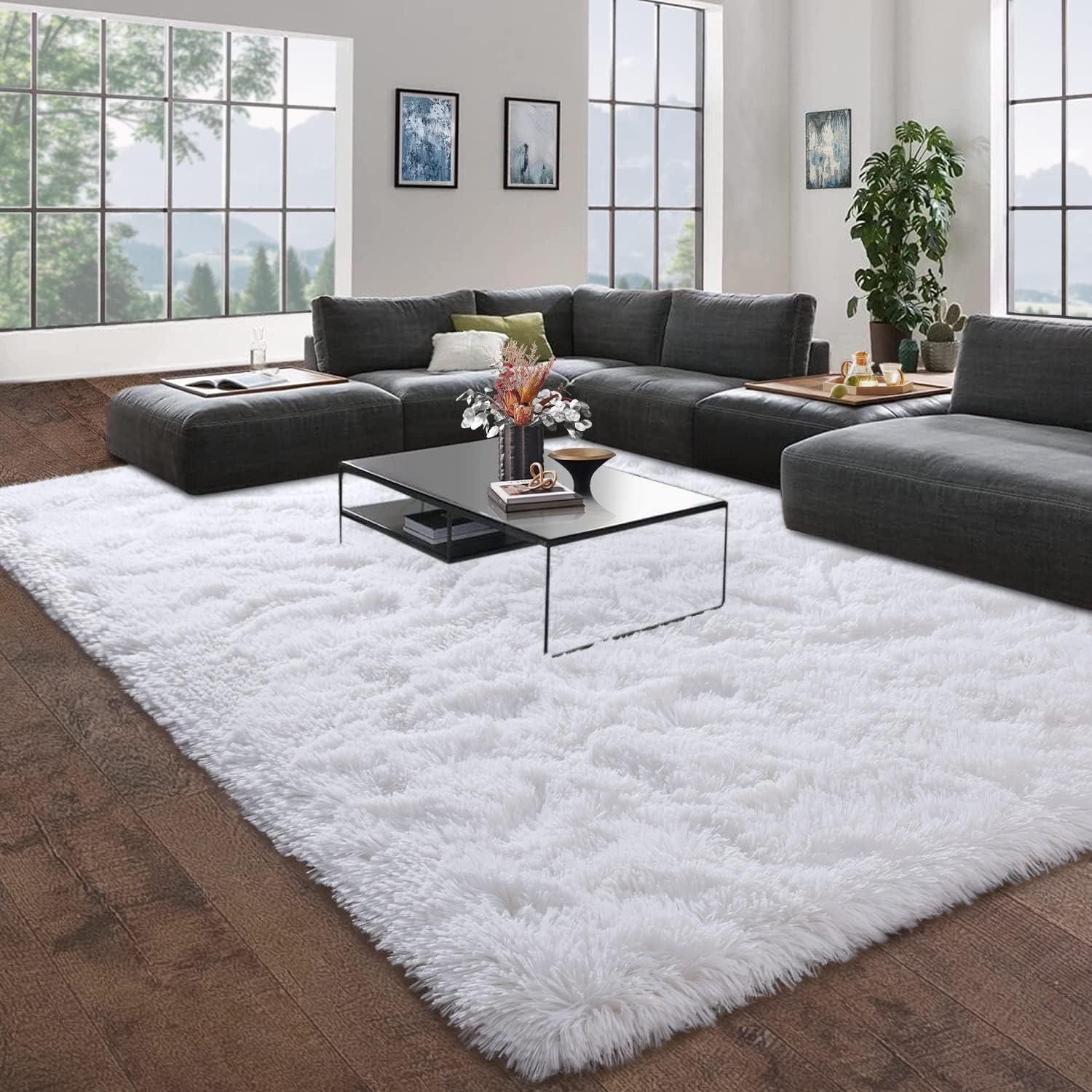 DweIke – Alfombra mullida y esponjosa de felpa blanca de 8 x 10 pies, para sala de estar, dormitorio, alfombras suaves para habitación de niños y