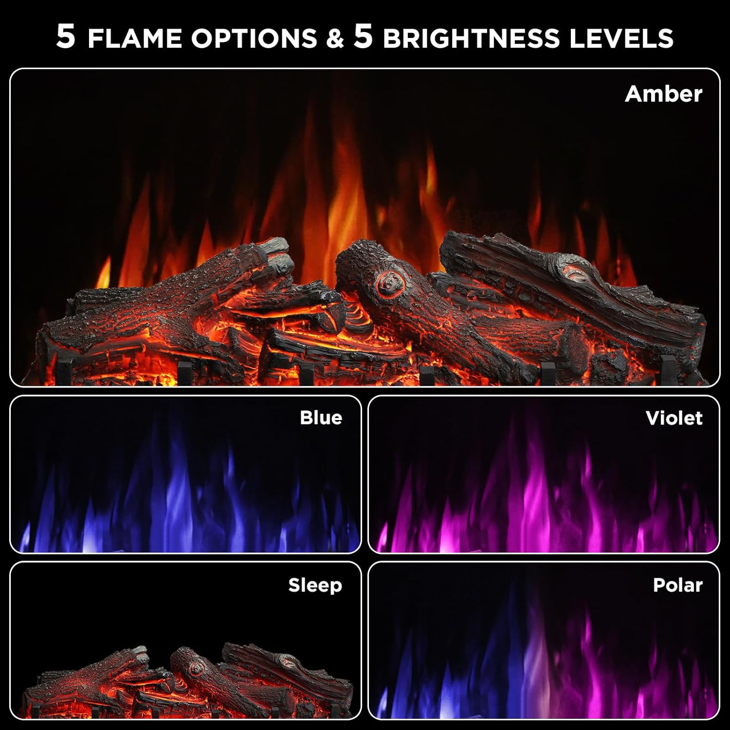 TURBRO Eternal Flame – Calentador eléctrico de cuarzo infrarrojo WiFi de 26 pulgadas con sonido crujiente, troncos de madera de limón realistas,