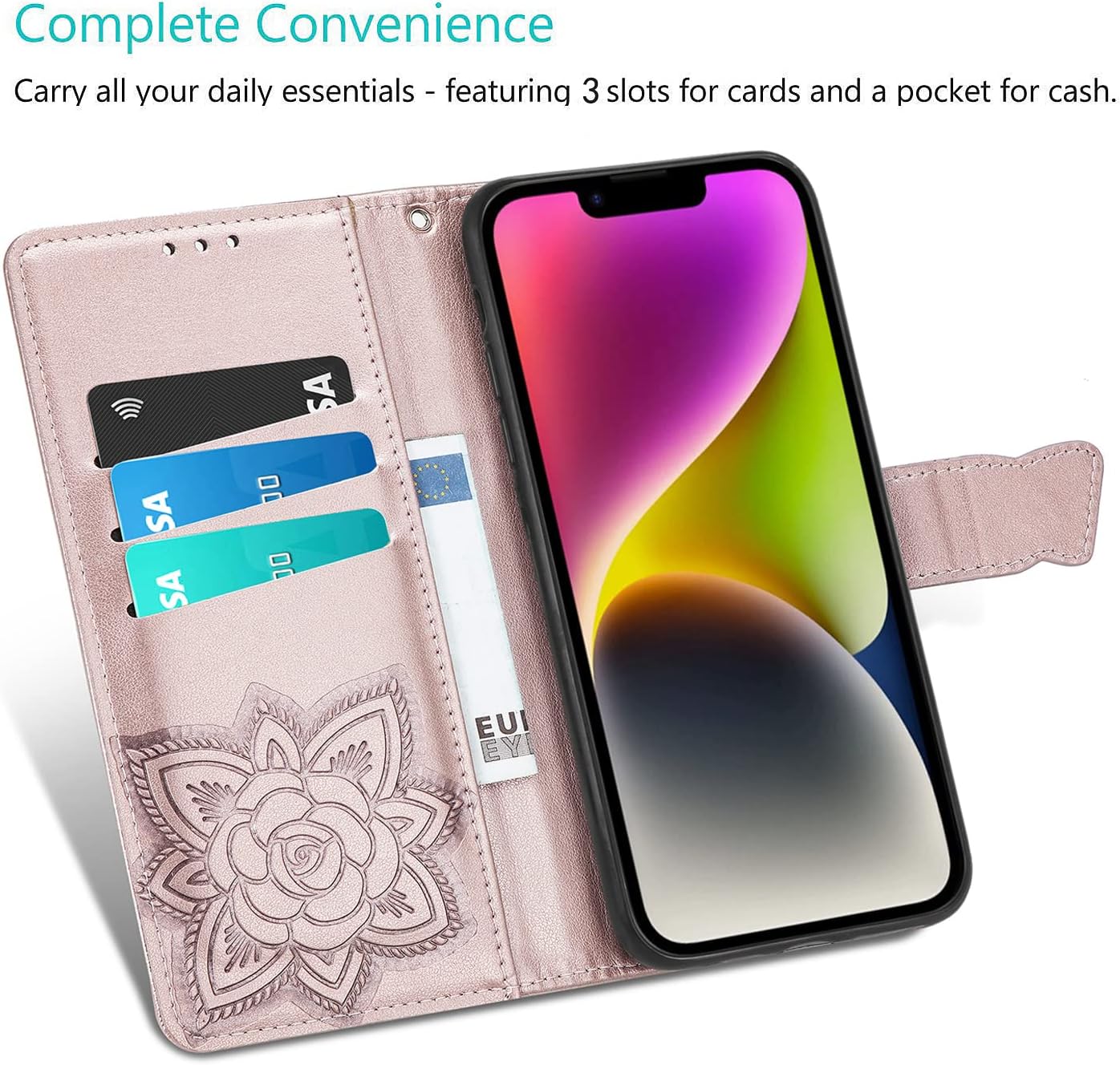 Funda tipo cartera para iPhone 14 Plus, con estampado de mariposas y flores en relieve, funda de cuero tipo cartera con tapa protectora con ranuras