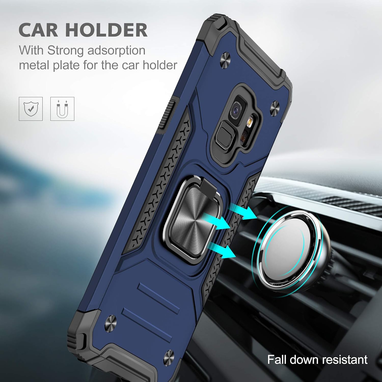 YmhxcY Funda para Galaxy S9, Samsung S9 con protector de pantalla curvado 3D, funda de grado armadura con soporte giratorio, antideslizante,