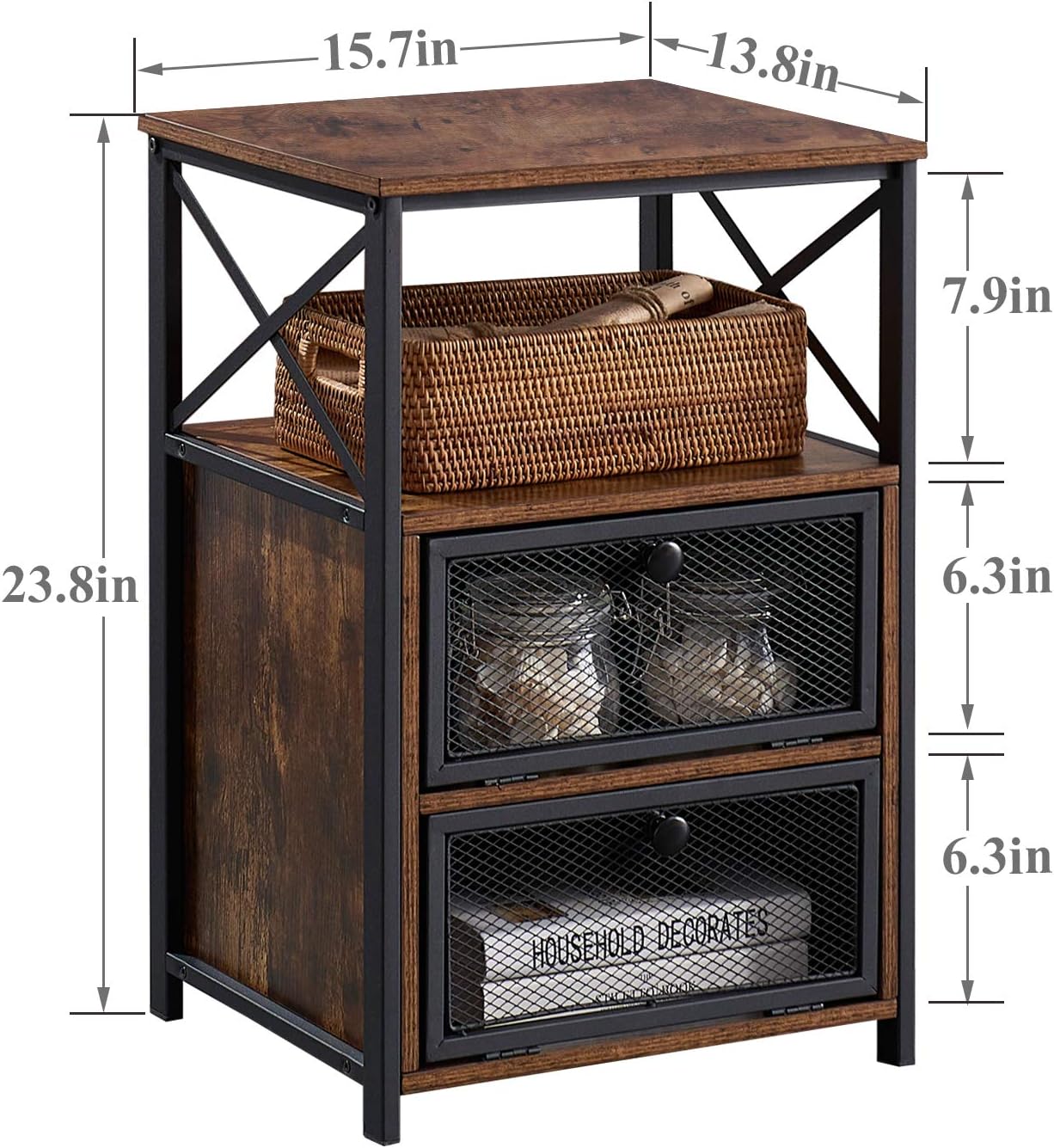VECELO Moderna mesita de noche, mesa auxiliar con cajón abatible y lateral de diseño X para dormitorio, sala de estar, oficina, fácil montaje, marrón