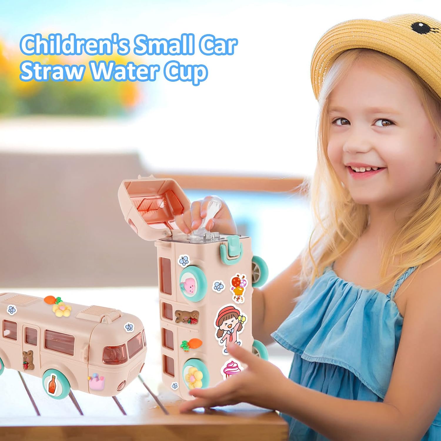 HOTBEST Vaso de agua con popote para automóvil, botella de agua de autobús de 16 onzas con correa para el hombro, a prueba de fugas para niños, vaso