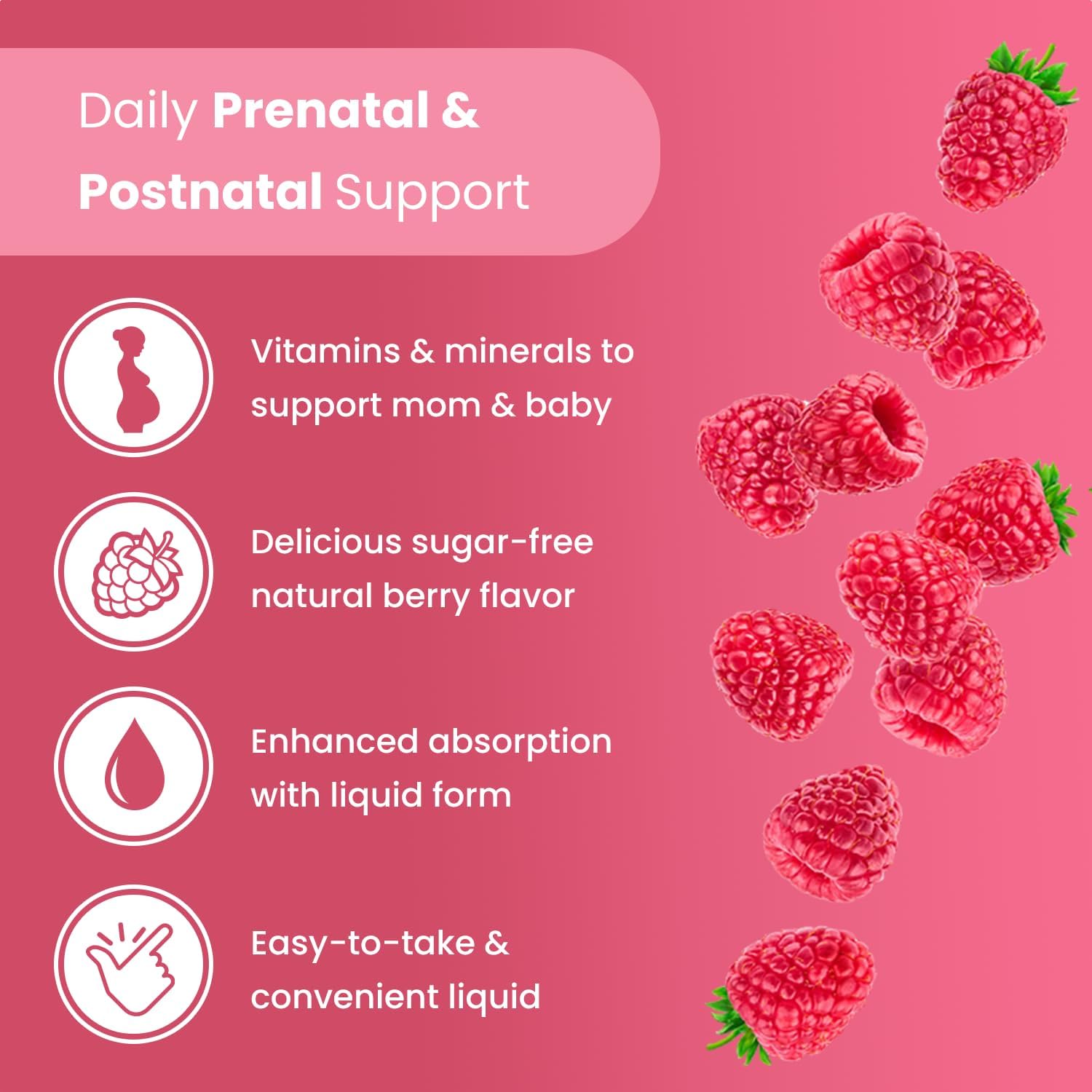 Multivitamínico prenatal y posnatal para mujeres  Vitaminas prenatales líquidas sin azúcar para mujeres con folato, colina y frutas orgánicas para