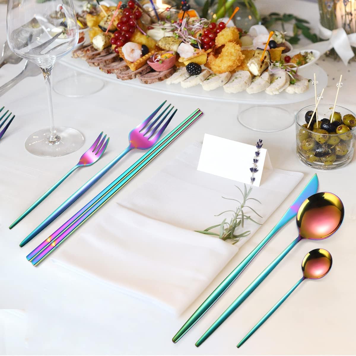 AARAINBOW Juego de cubiertos de acero inoxidable de 8 piezas, portátil, reutilizable, juego de utensilios de viaje, incluye palillos, cuchillo,