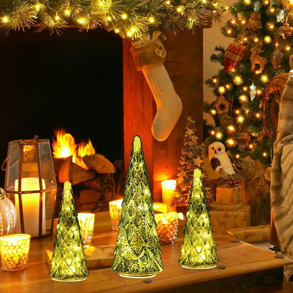 Decoraciones de Navidad para interiores, juego de 3 árboles de Navidad de cristal verde preiluminados para decoración del hogar, decoración de mesa
