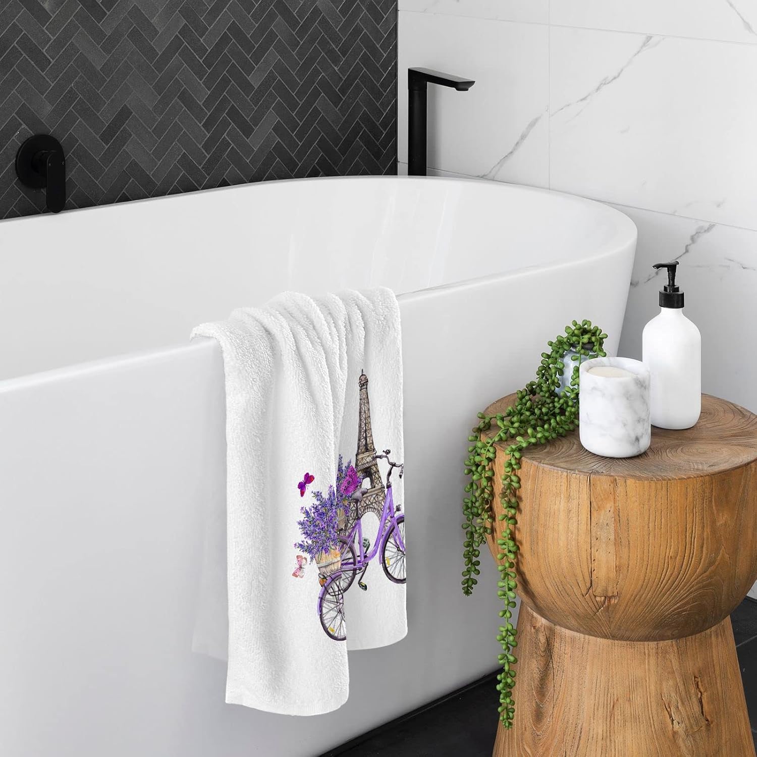 ALAZA Toallas de mano con diseño de torre Eiffel de lavanda, 100% algodón, suaves, decorativas, para baño, juego de toallas de baño absorbentes de