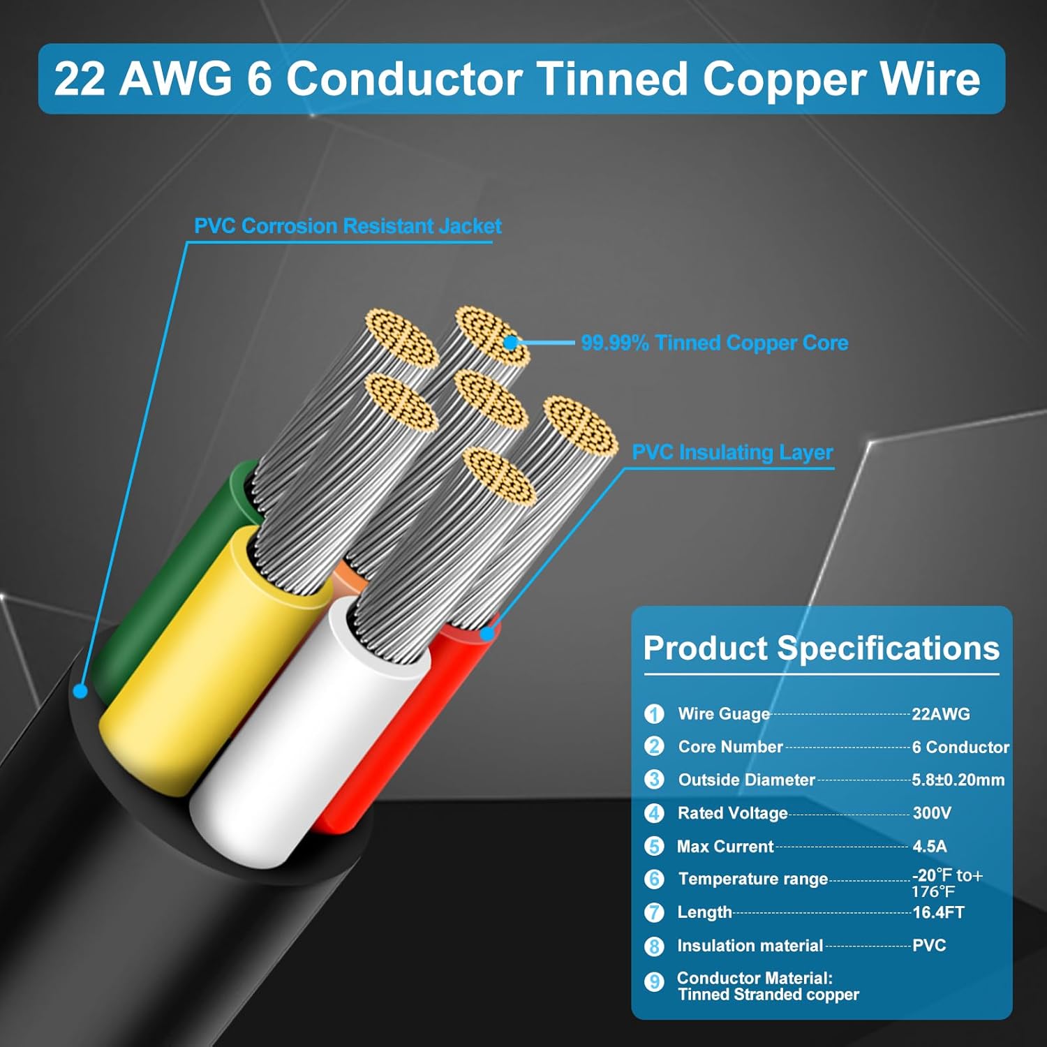 Cable conductor de calibre 22, 6 cables de cobre estañado de 16.4 pies, 226, cables eléctricos trenzados para rociadores, termostatos, remolques,