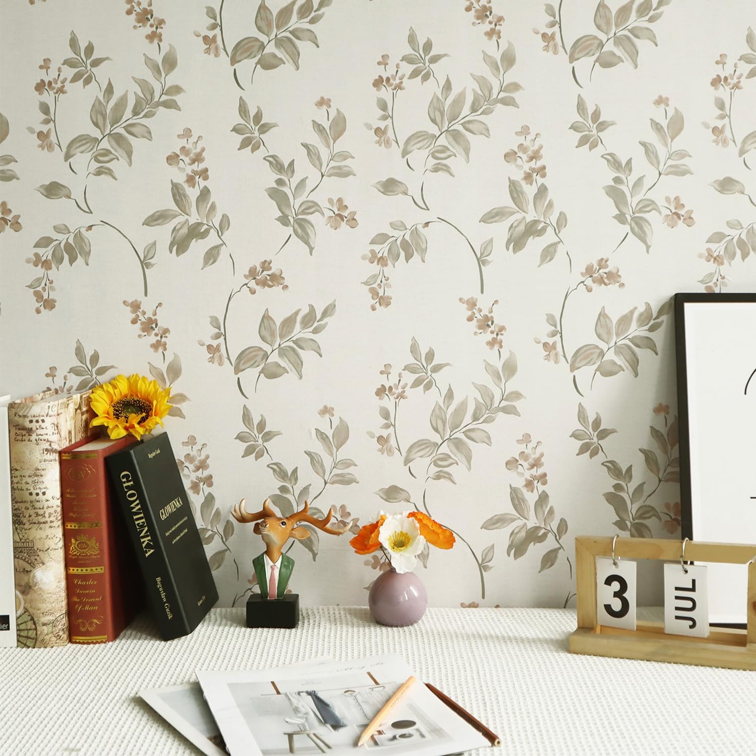 Vinjiasin Papel tapiz autoadhesivo de 16.1 x 197 pulgadas, papel de contacto removible con hojas de flores vintage, papel de pared para muebles de