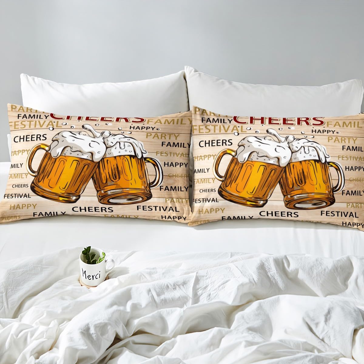Juego de sábanas temáticas de animación y cerveza, tamaño individual, juego de ropa de cama de 3 piezas con diseño de taza de cerveza de dibujos