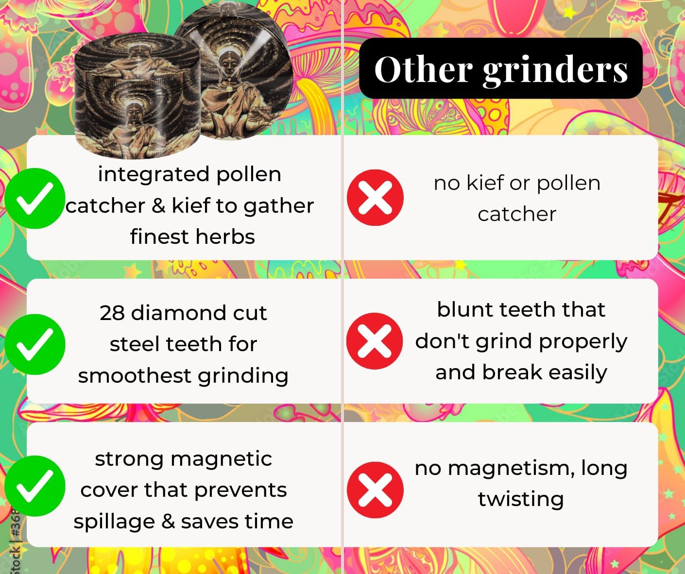 Molinillo de especias Boho Grinder Molinillo de hierbas (3 pulgadas, diseño negro dorado)