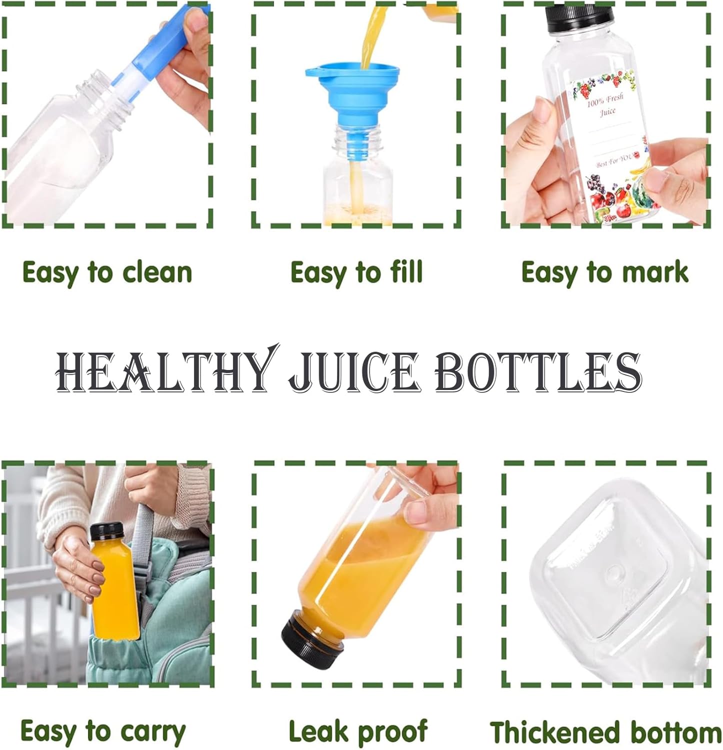 16 botellas de jugo de 8 onzas para jugos, botellas vacías reutilizables de plástico transparente con tapas negras para jugos, agua, licuados,