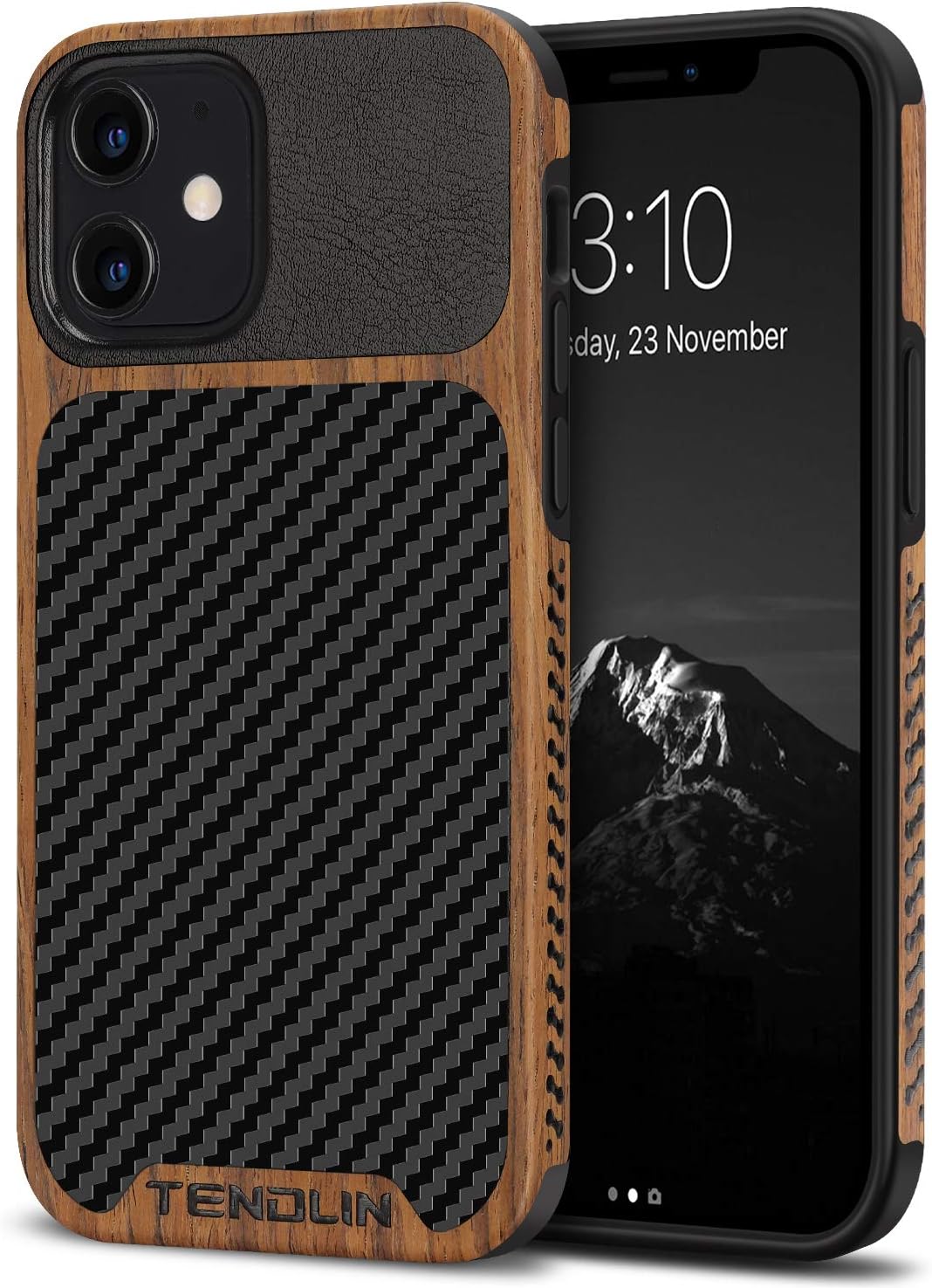 TENDLIN Funda compatible con iPhone 12 Mini de grano de madera con textura de fibra de carbono, funda híbrida de cuero, color negro