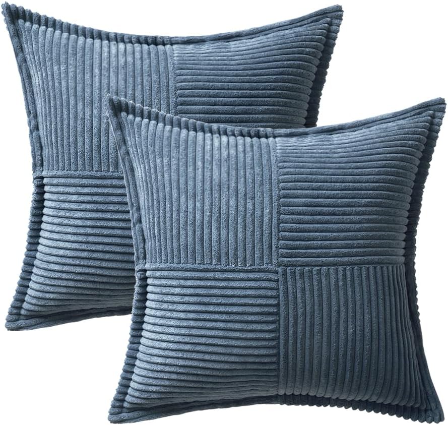 MIULEE Juego de 2 fundas de almohada de pana azul de 18 x 18 pulgadas con empalme, fundas de almohada súper suaves de rayas bohemias decorativas con