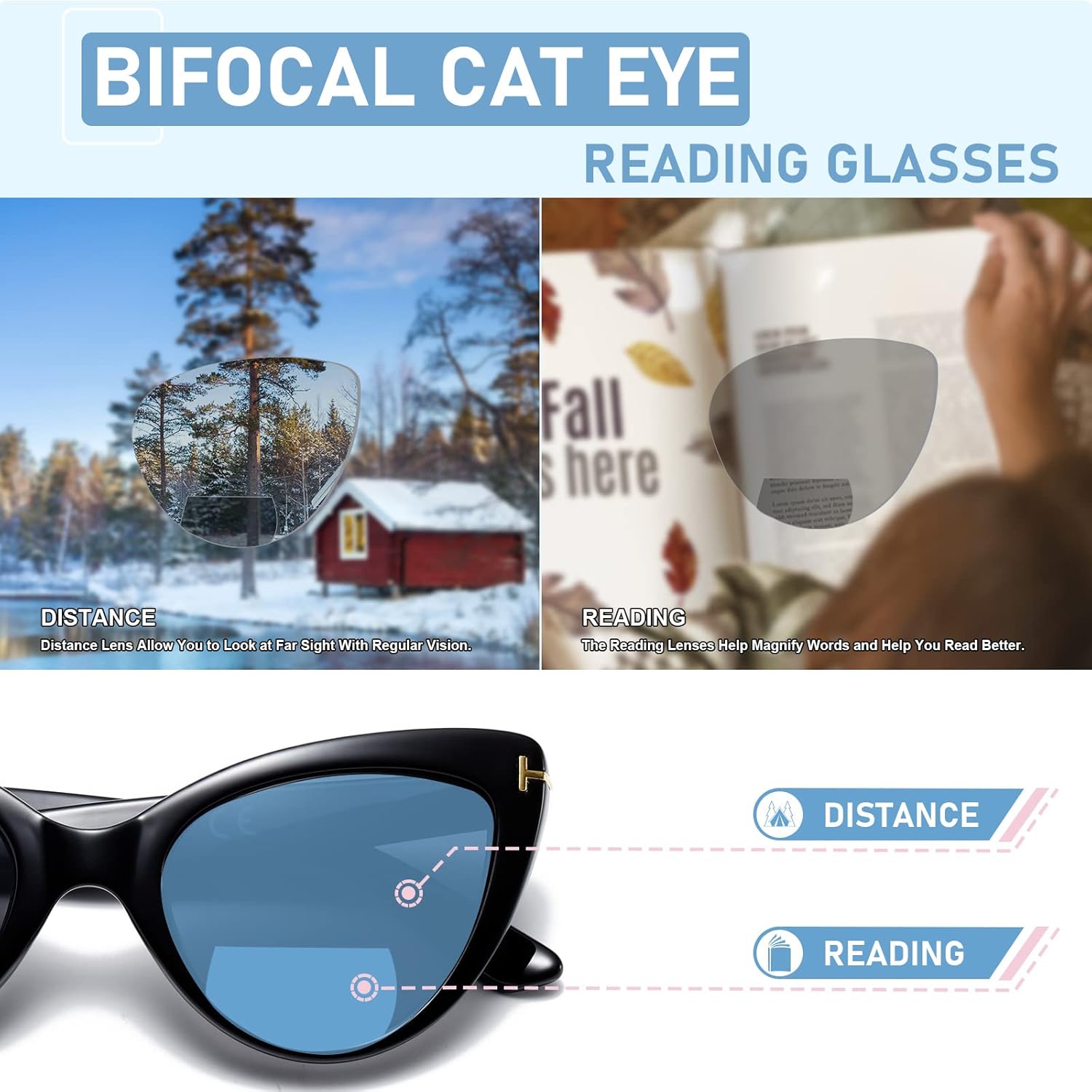 prtcslwd Paquete de 3 lentes de lectura bifocales de ojo de gato para mujer, de gran tamaño, bloqueo de luz azul, lectores de computadora