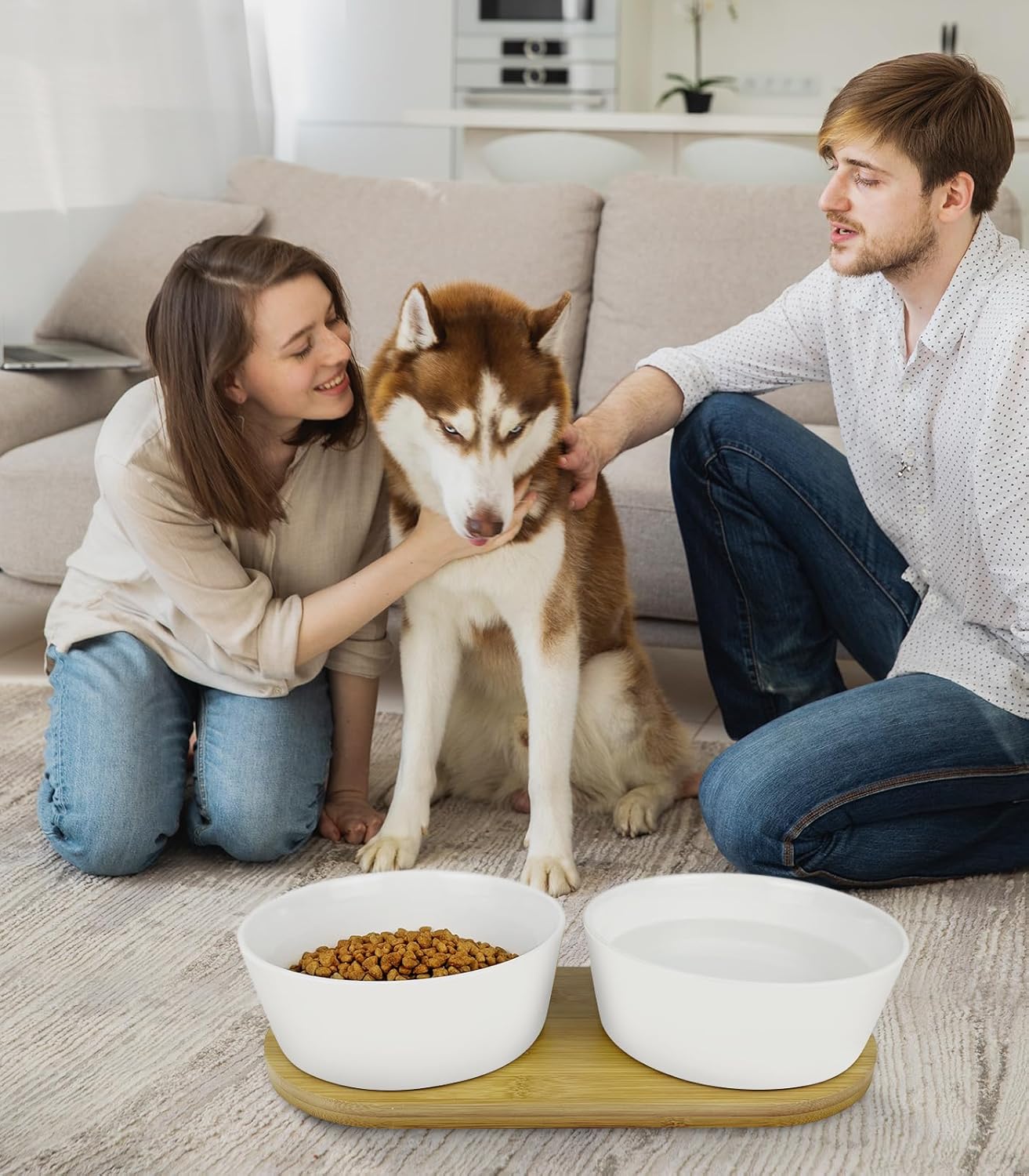 LIHONG Juego de cuencos de cerámica para perros, comida y agua con bandeja de madera antideslizante, tazón doble de comida para mascotas para perros
