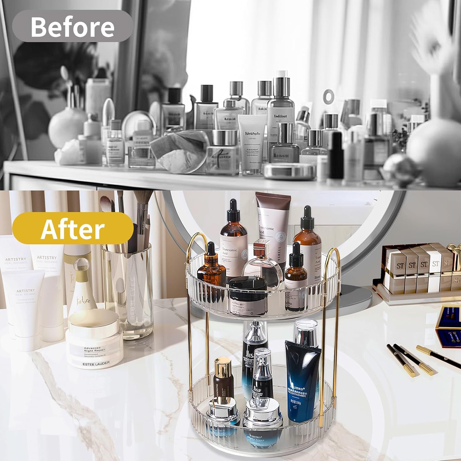 Asayuee Organizador de maquillaje giratorio de 360 grados, 2 niveles de gran capacidad, organizadores de maquillaje y almacenamiento, organizadores