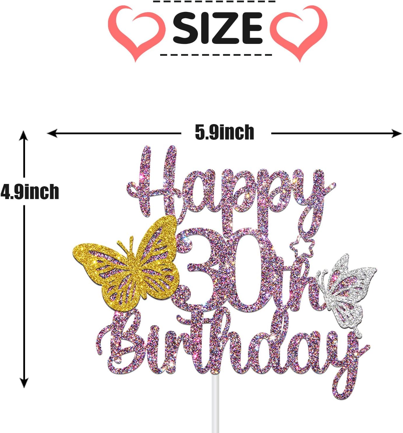 Decoración para tarta de cumpleaños de 30 años con purpurina morada, decoración de pastel de mariposa 30, decoración para tartas de cumpleaños de 30