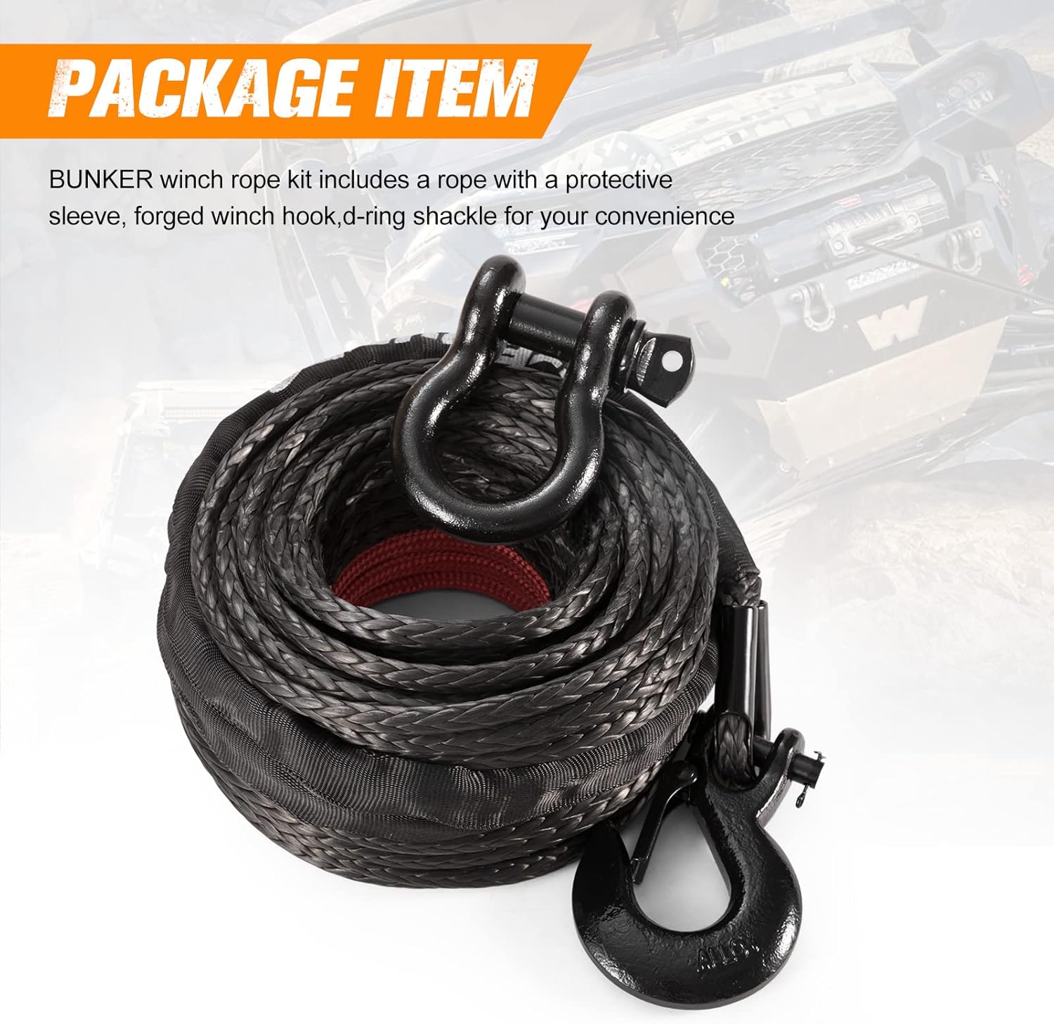 BUNKER INDUST Cuerda de cabrestante sintética + grillete de anillo en D + gancho de cabrestante, kit de repuesto de cable de cabrestante de 100 pies
